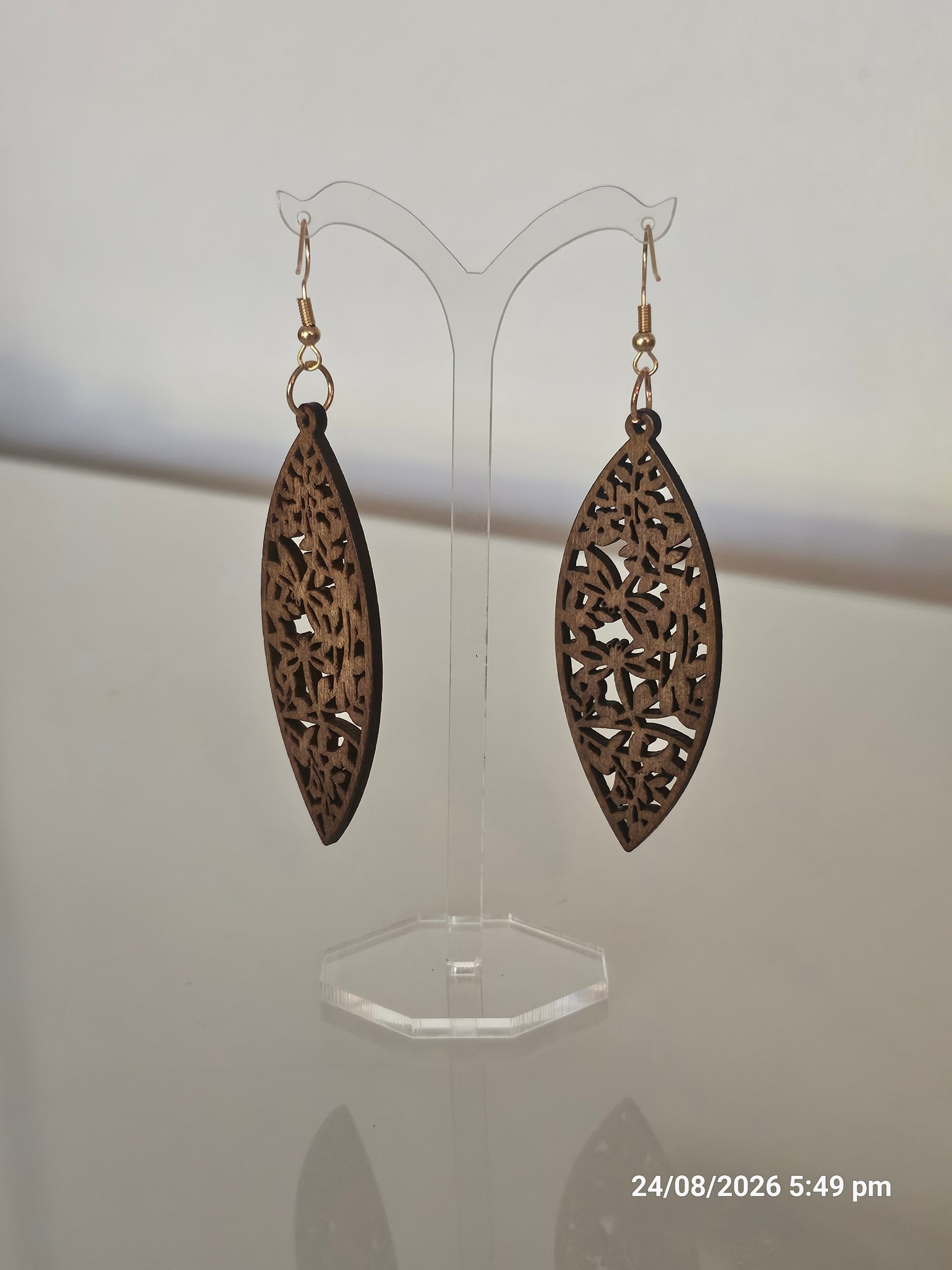 Wooden Brown Floral Cutout Earrings Boho image 3