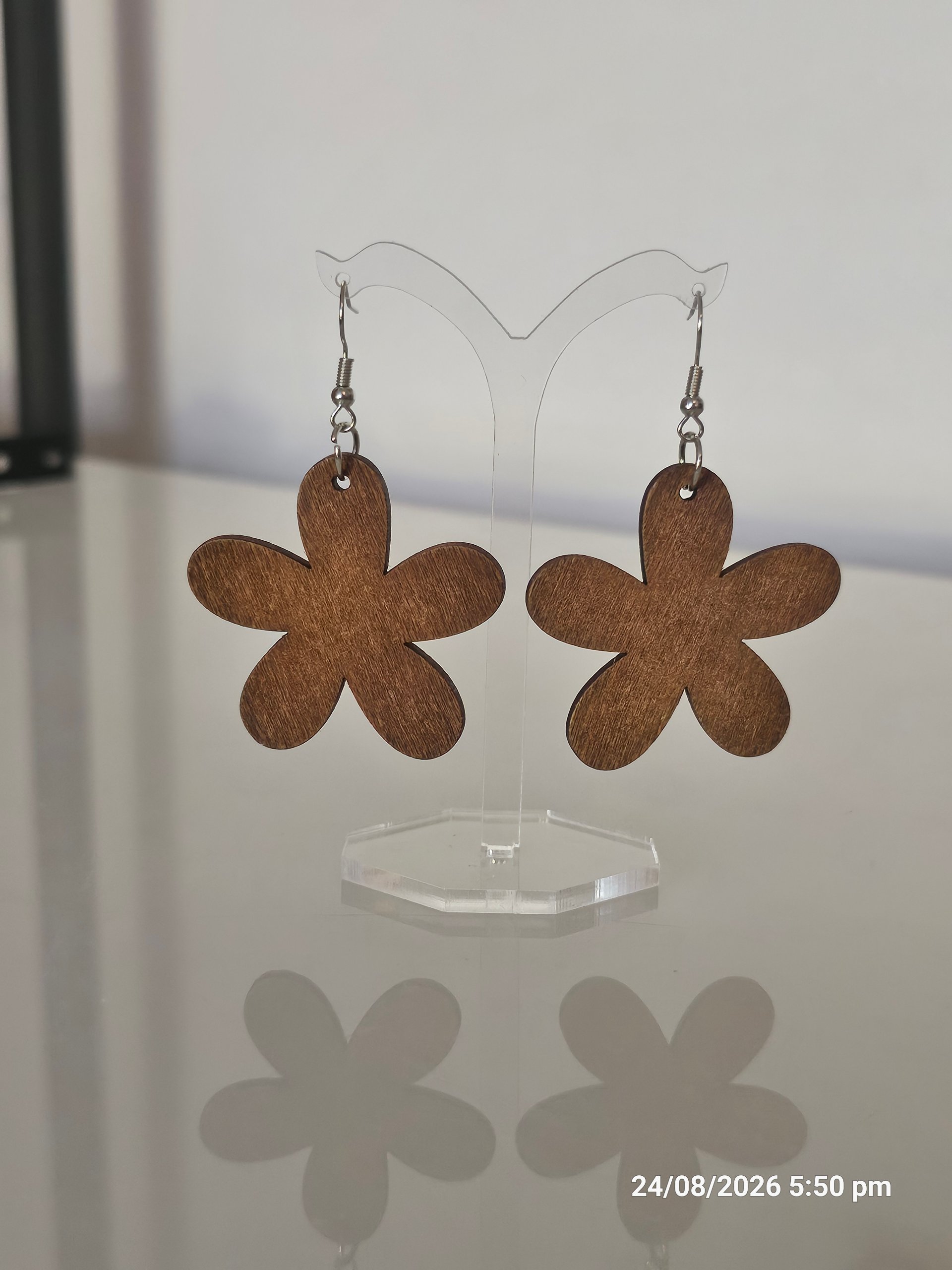 Wooden Light Brown Flower Dangle Earrings
