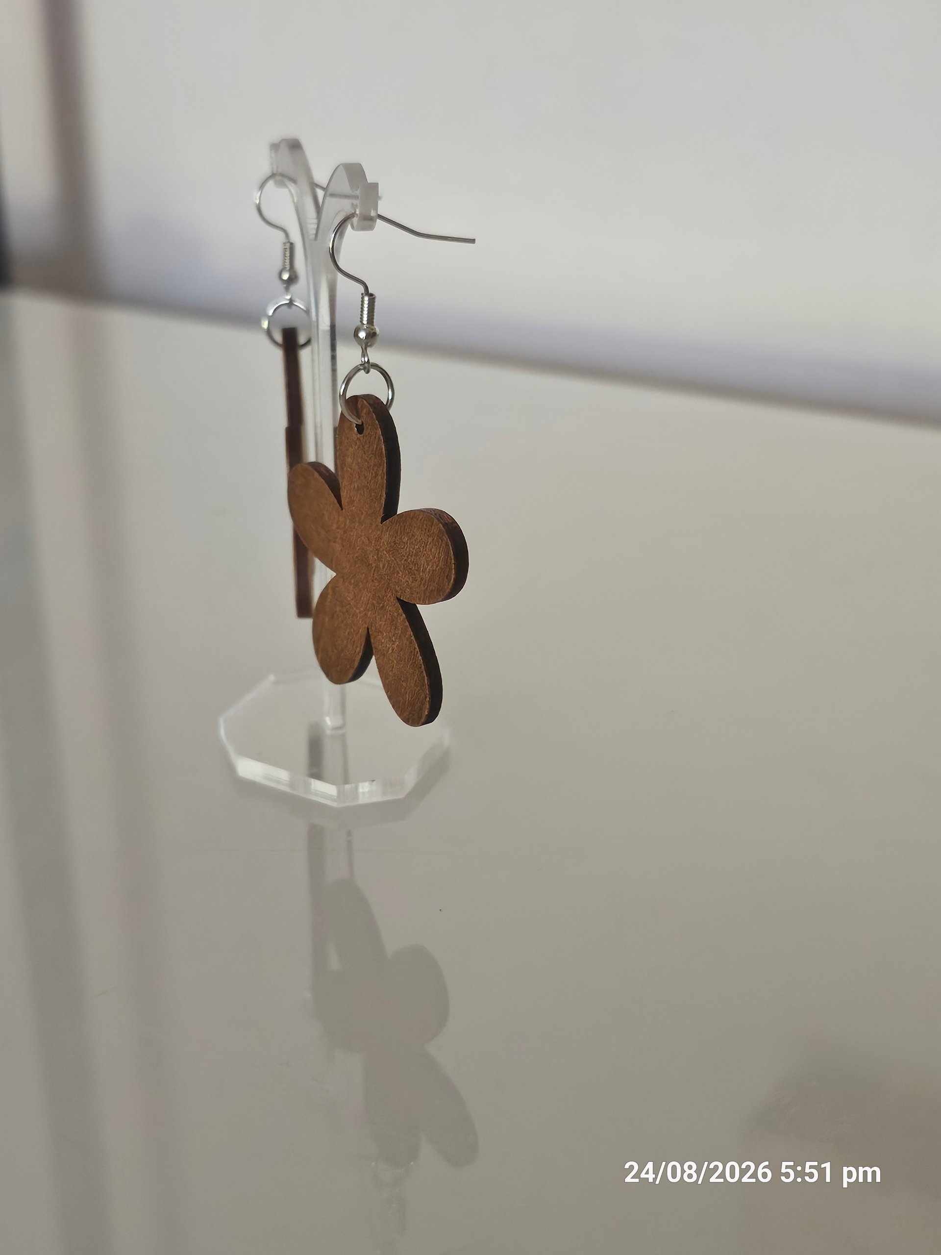 Wooden Light Brown Flower Dangle Earrings image 2