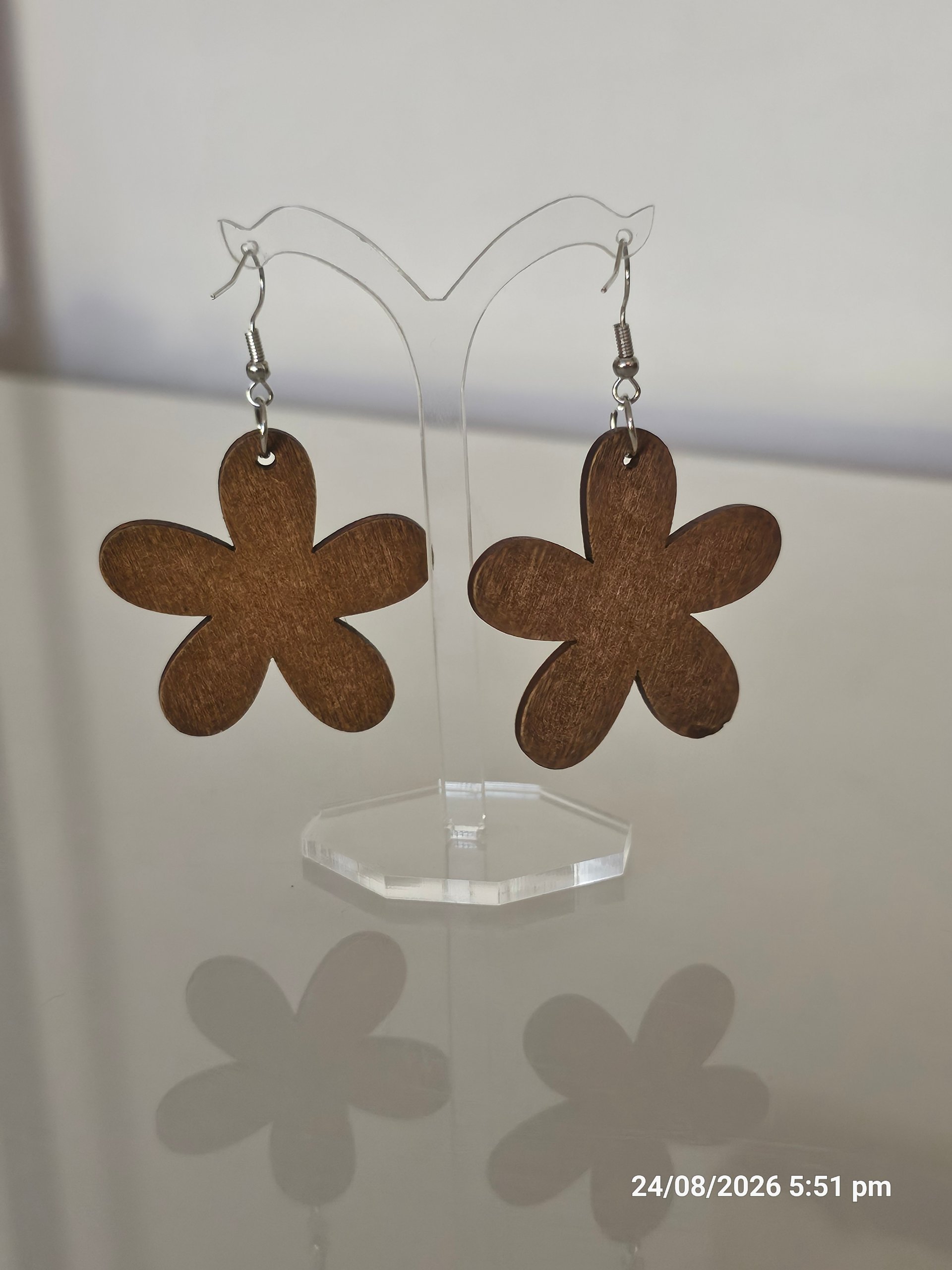 Wooden Light Brown Flower Dangle Earrings image 3