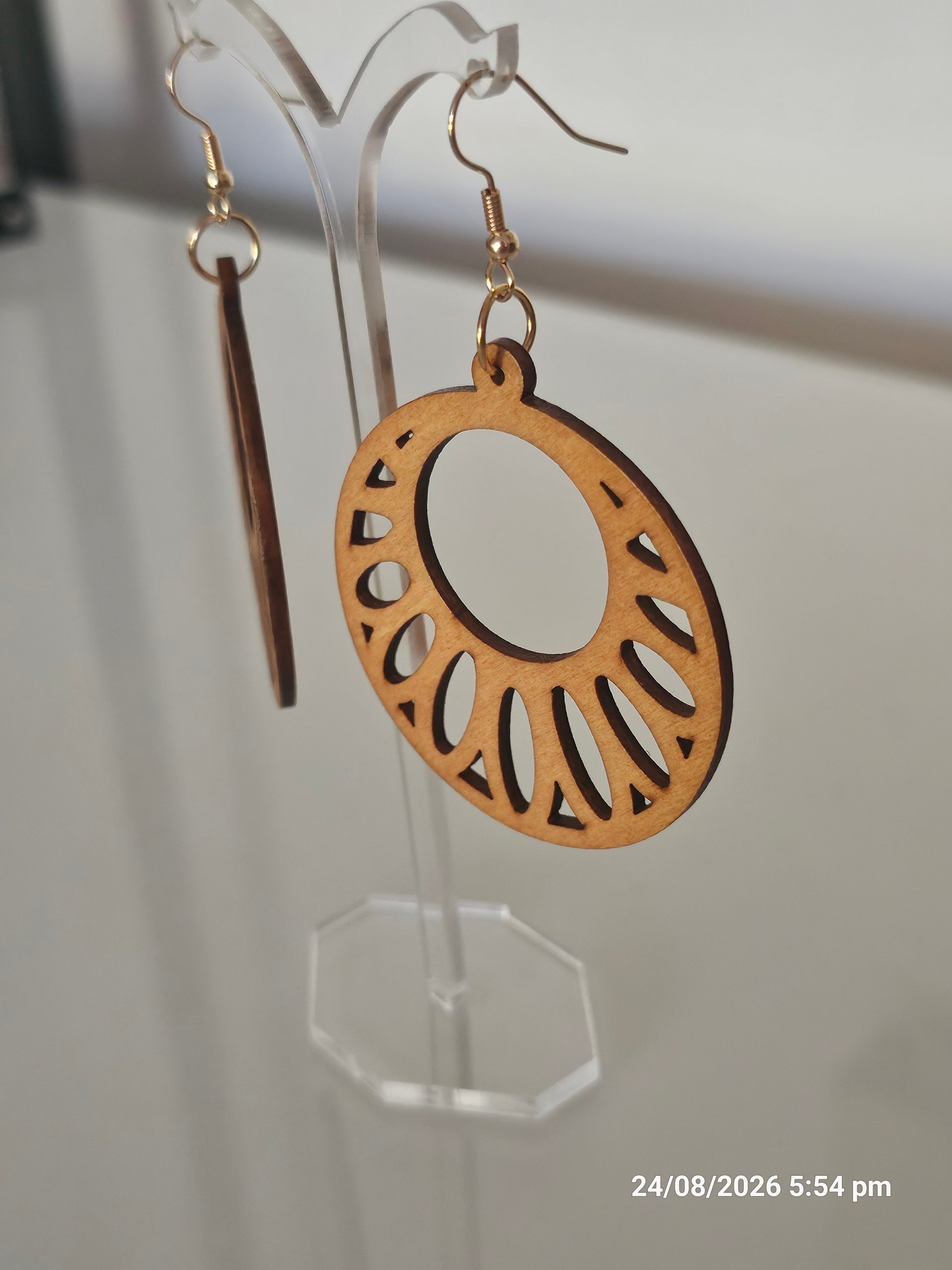 Wooden Brown Cutout Hoop Dangle Boho Earrings image 2