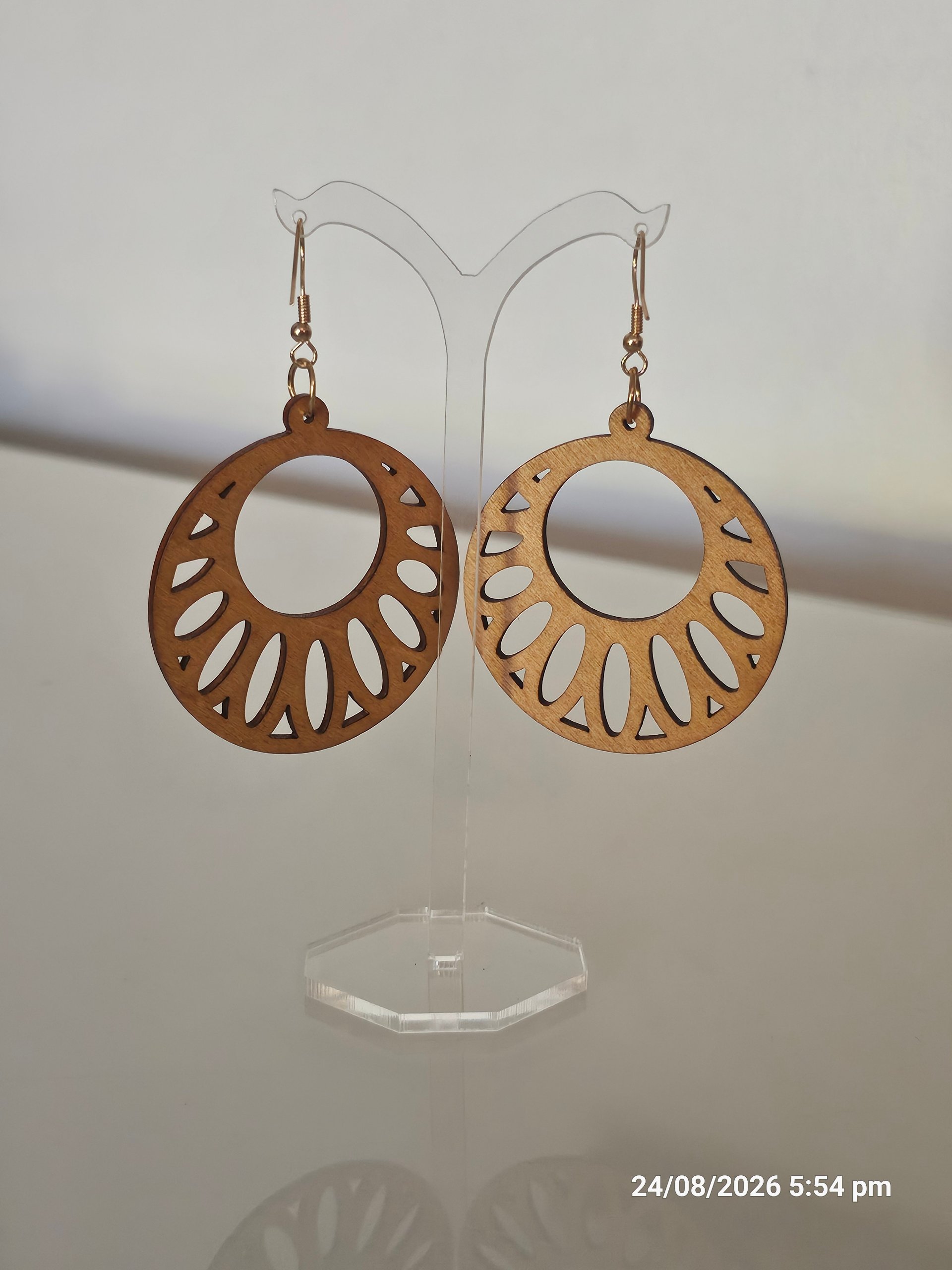 Wooden Brown Cutout Hoop Dangle Boho Earrings image 3