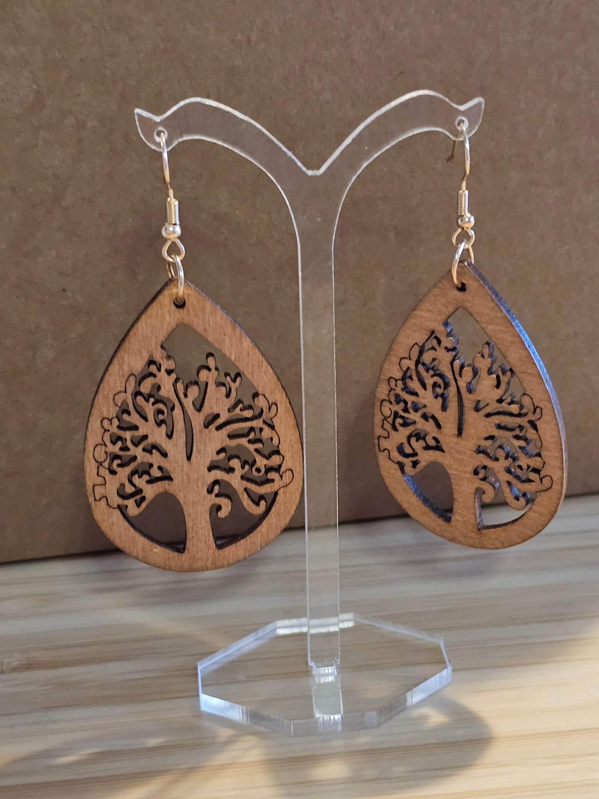 Wooden Tree of Life Drop Earrings Brown Boho