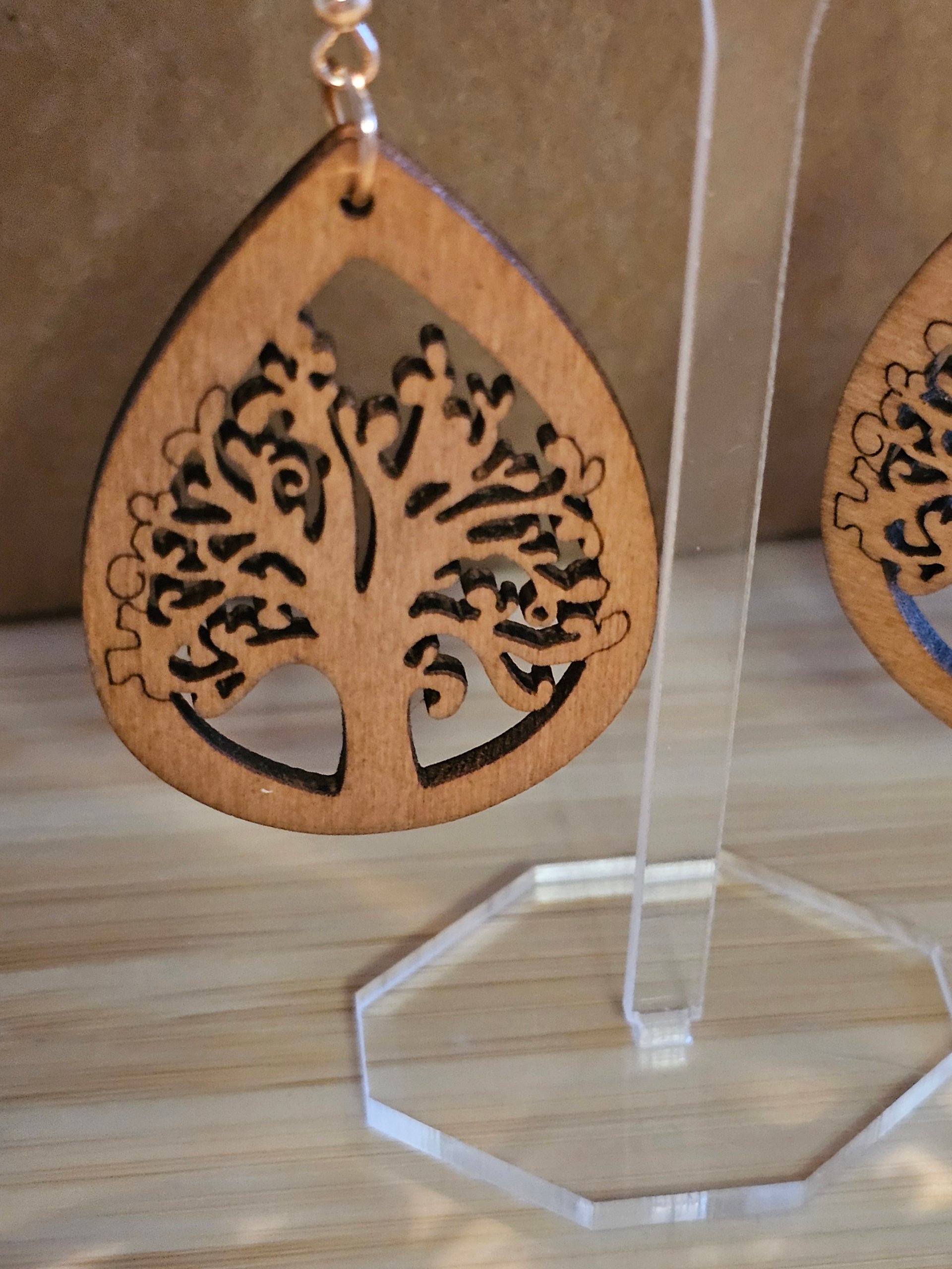 Wooden Tree of Life Drop Earrings Brown Boho image 2