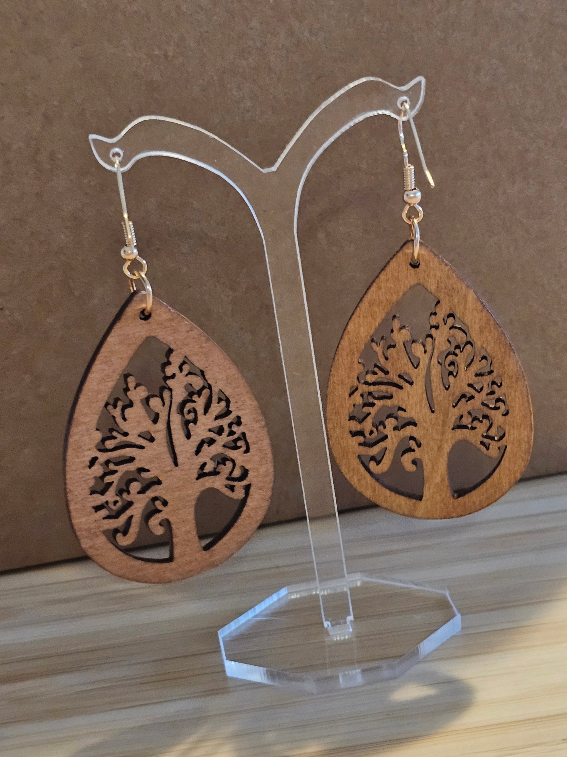 Wooden Tree of Life Drop Earrings Brown Boho image 5
