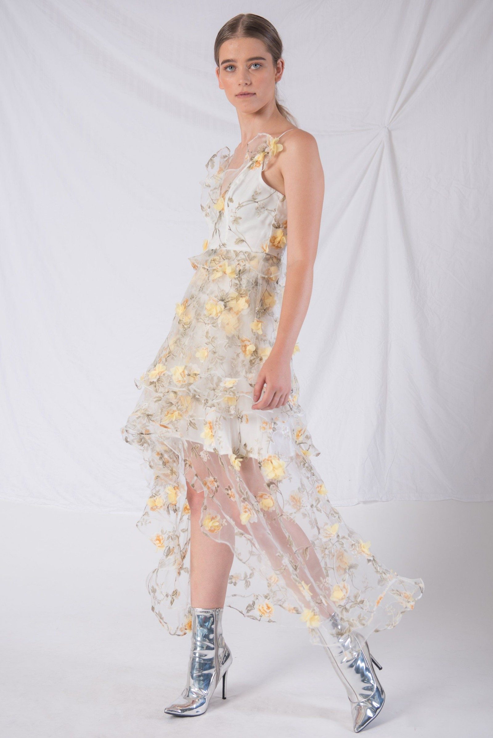 ALPHA - BE White & Yellow Floral Asymmetric Strap Dress Size 8