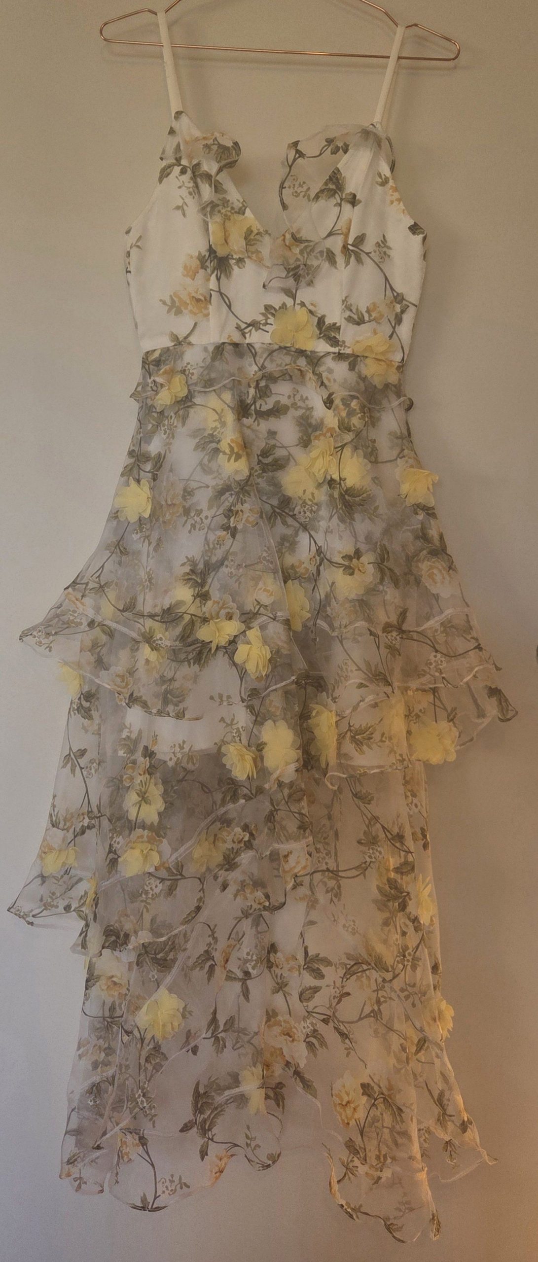 ALPHA - BE White & Yellow Floral Asymmetric Strap Dress Size 8 image 3