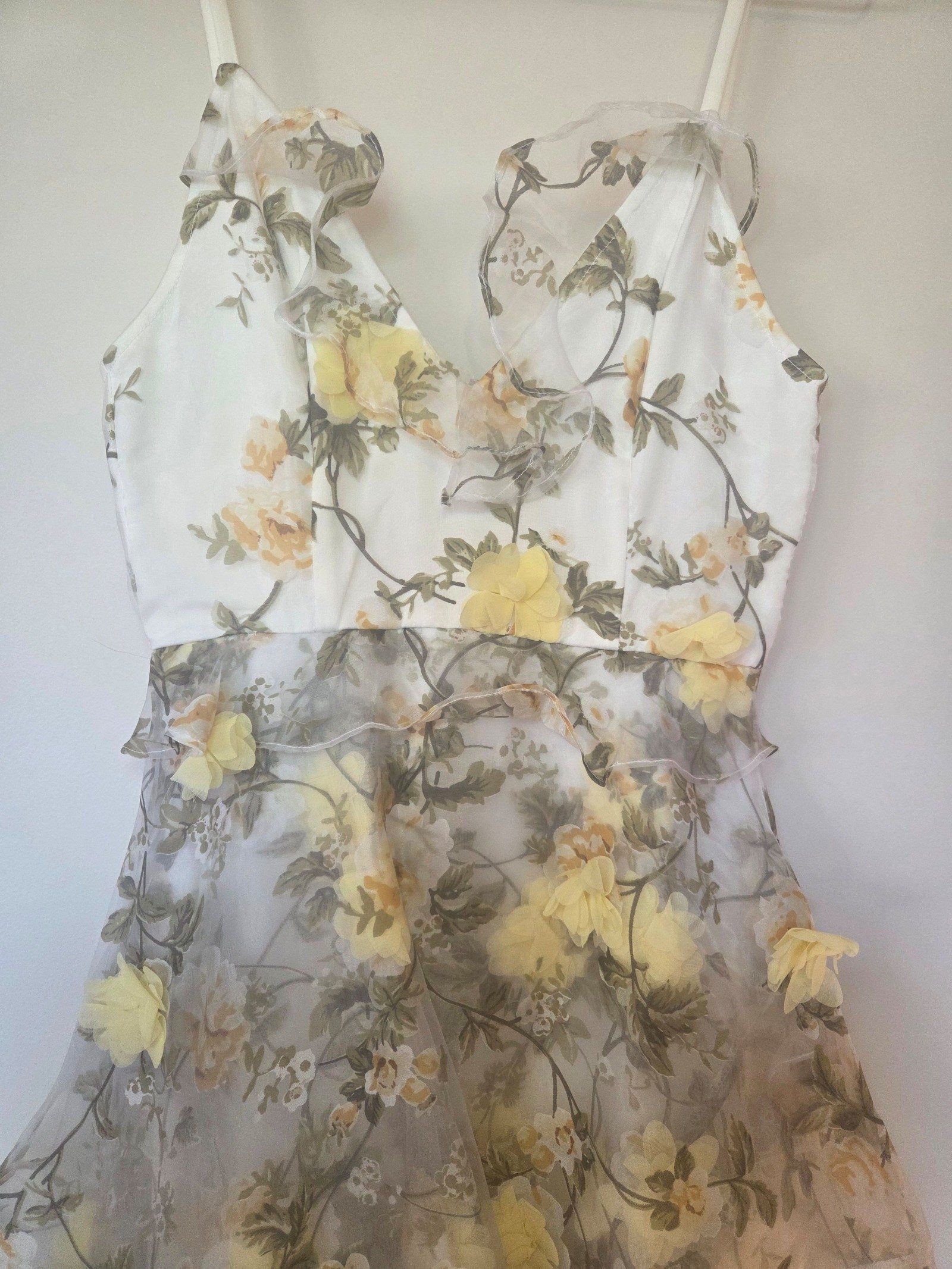ALPHA - BE White & Yellow Floral Asymmetric Strap Dress Size 8 image 4