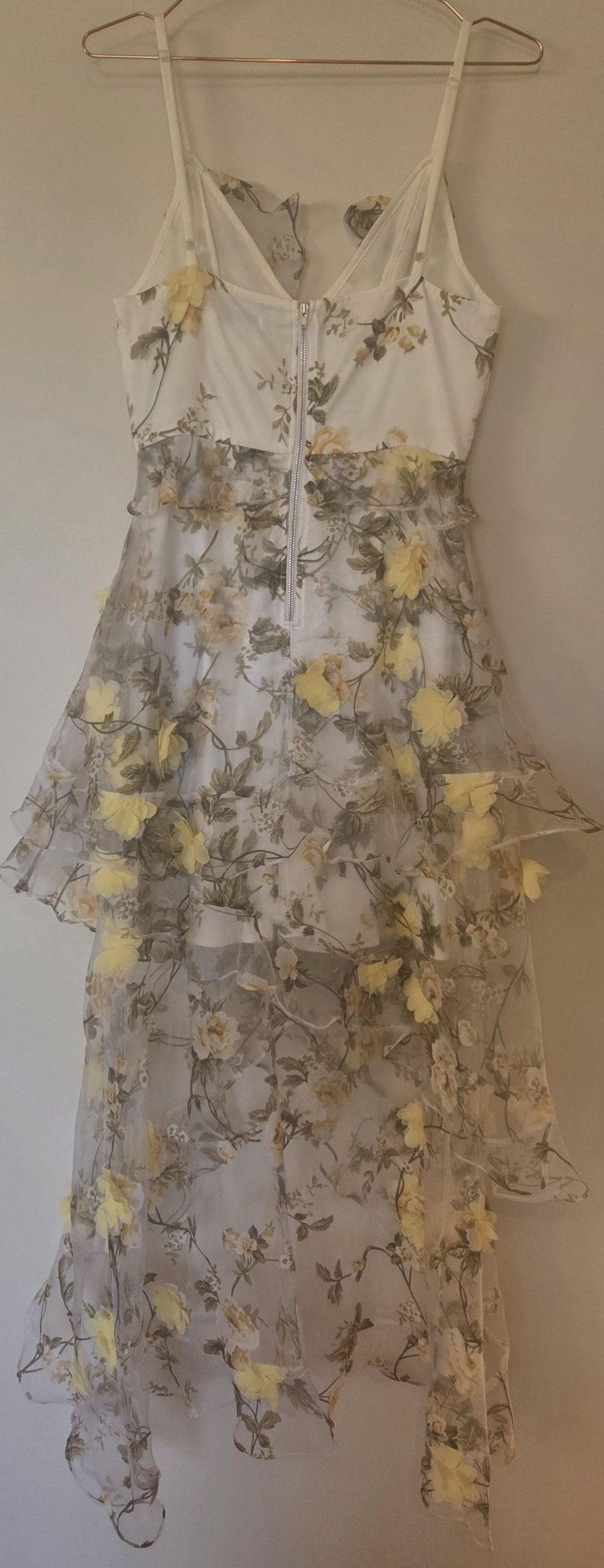 ALPHA - BE White & Yellow Floral Asymmetric Strap Dress Size 8 image 5