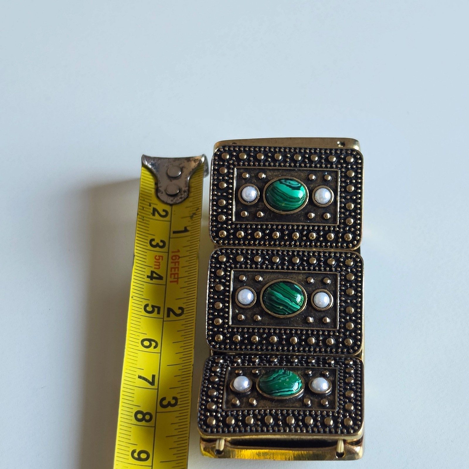 Beautiful Green & White Stone Rectangular Link Stretch Bracelet. B9 image 4