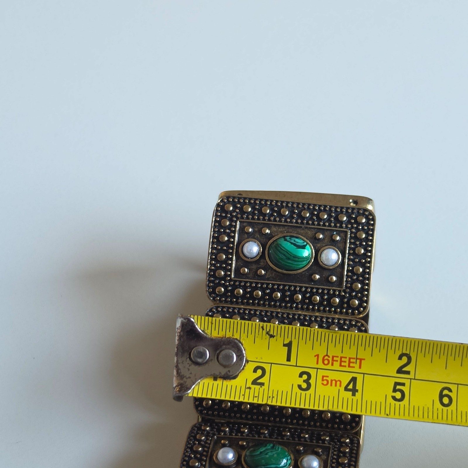 Beautiful Green & White Stone Rectangular Link Stretch Bracelet. B9 image 5