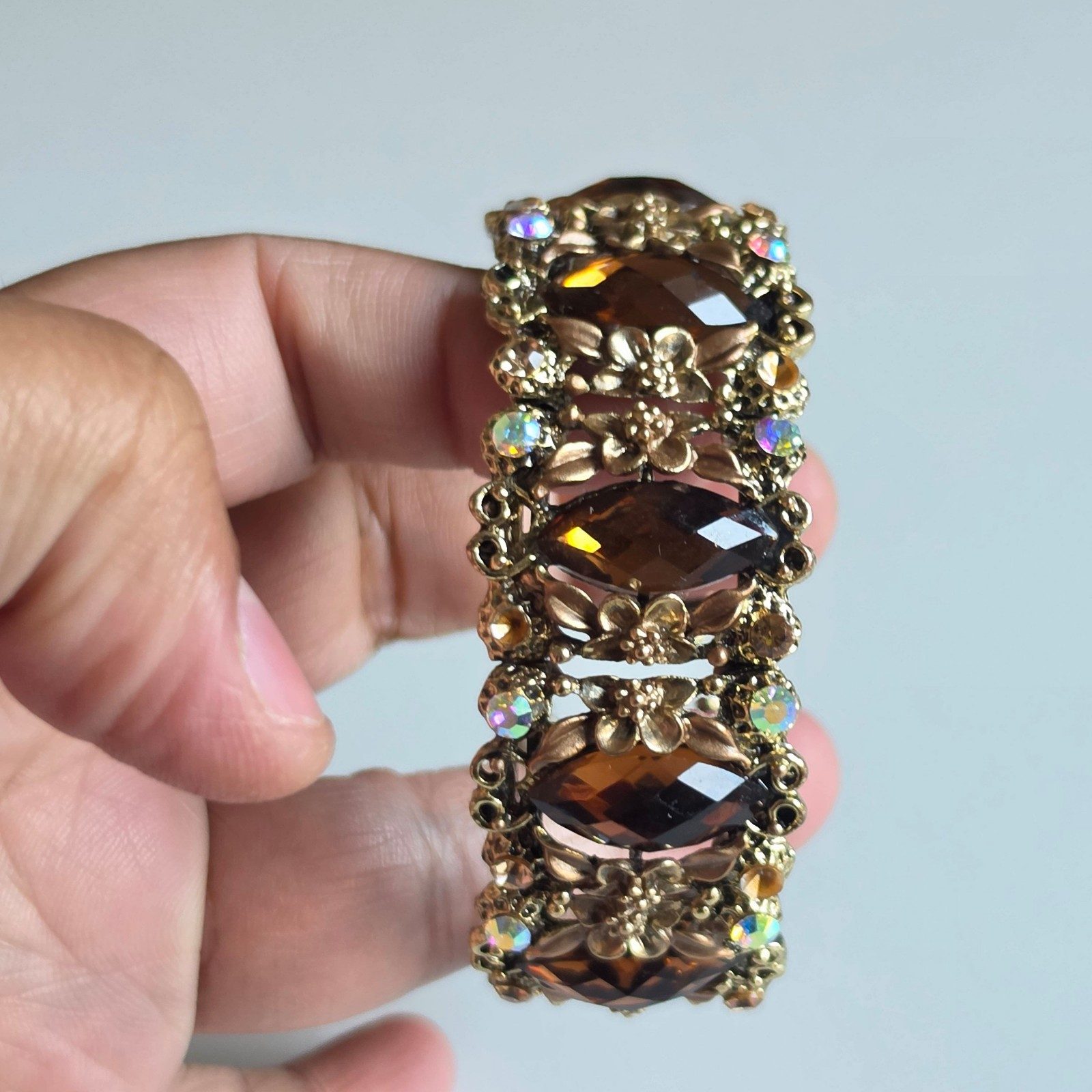 Vintage Gold & Brown Crystal Stretch Bracelet Adjustable.b9 image 3