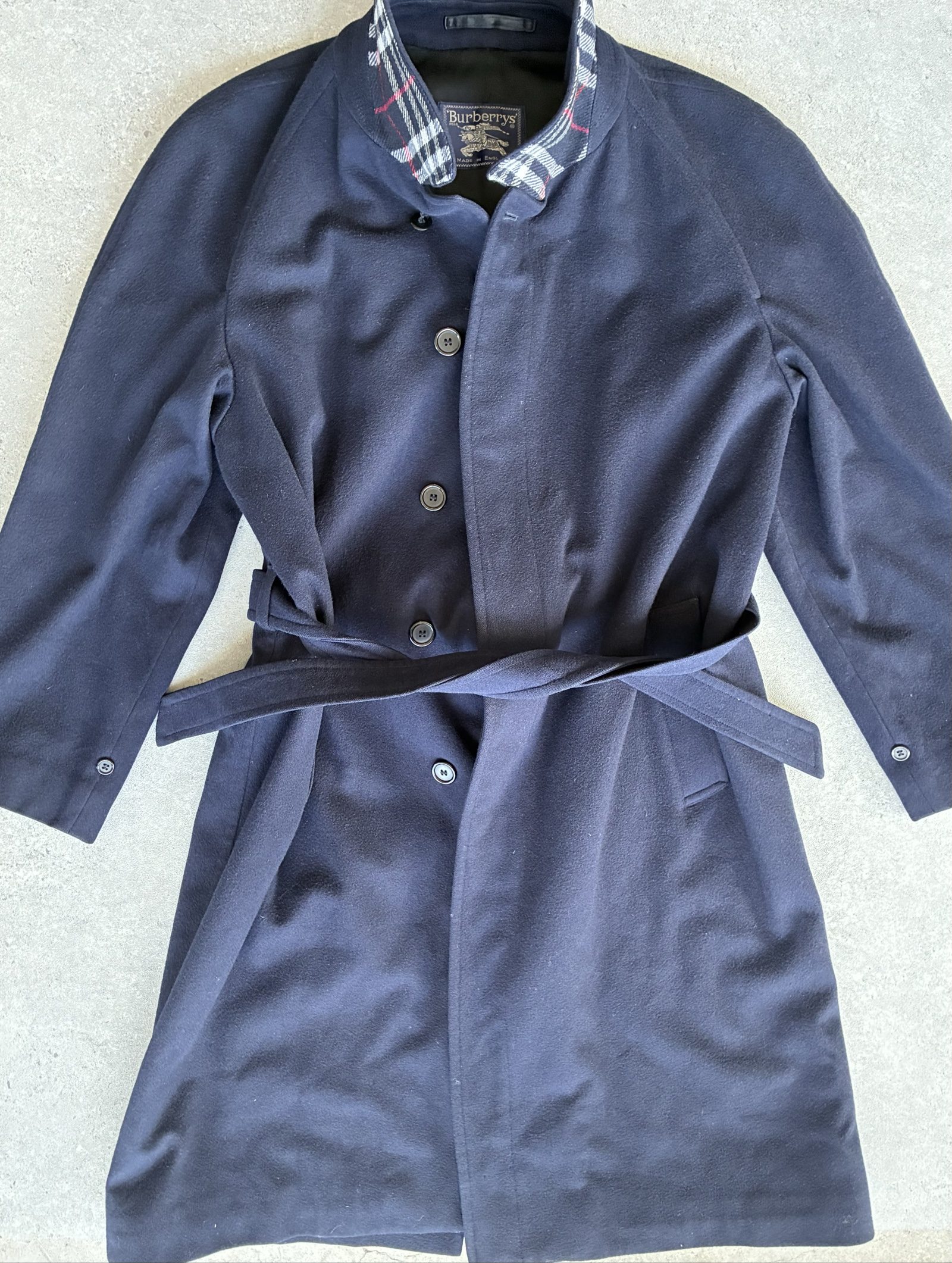 Vintage Burberry Navy Wool alpaca Blend Coat 54 XL Checked Lining