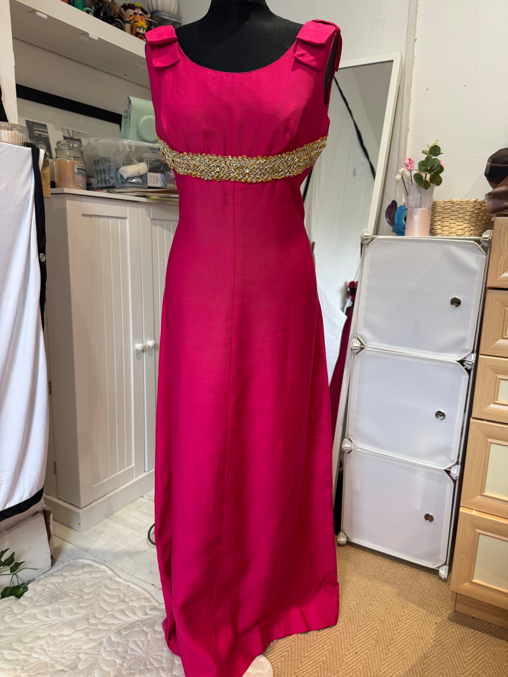 Vintage Hot Pink Maxi Evening Dress Gold Embellished Waist Bow UK 10