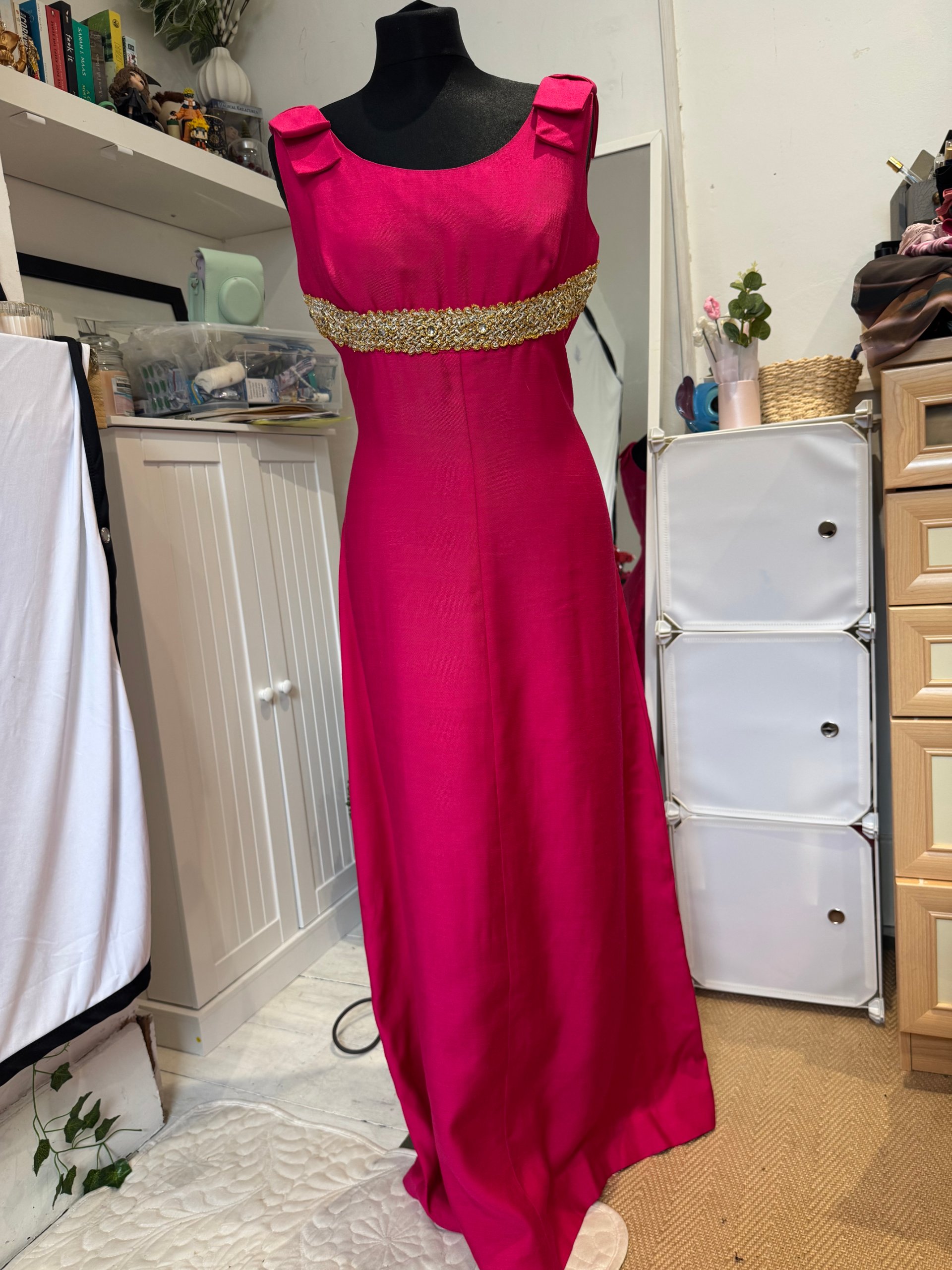 Vintage Hot Pink Maxi Evening Dress Gold Embellished Waist Bow UK 10 image 2