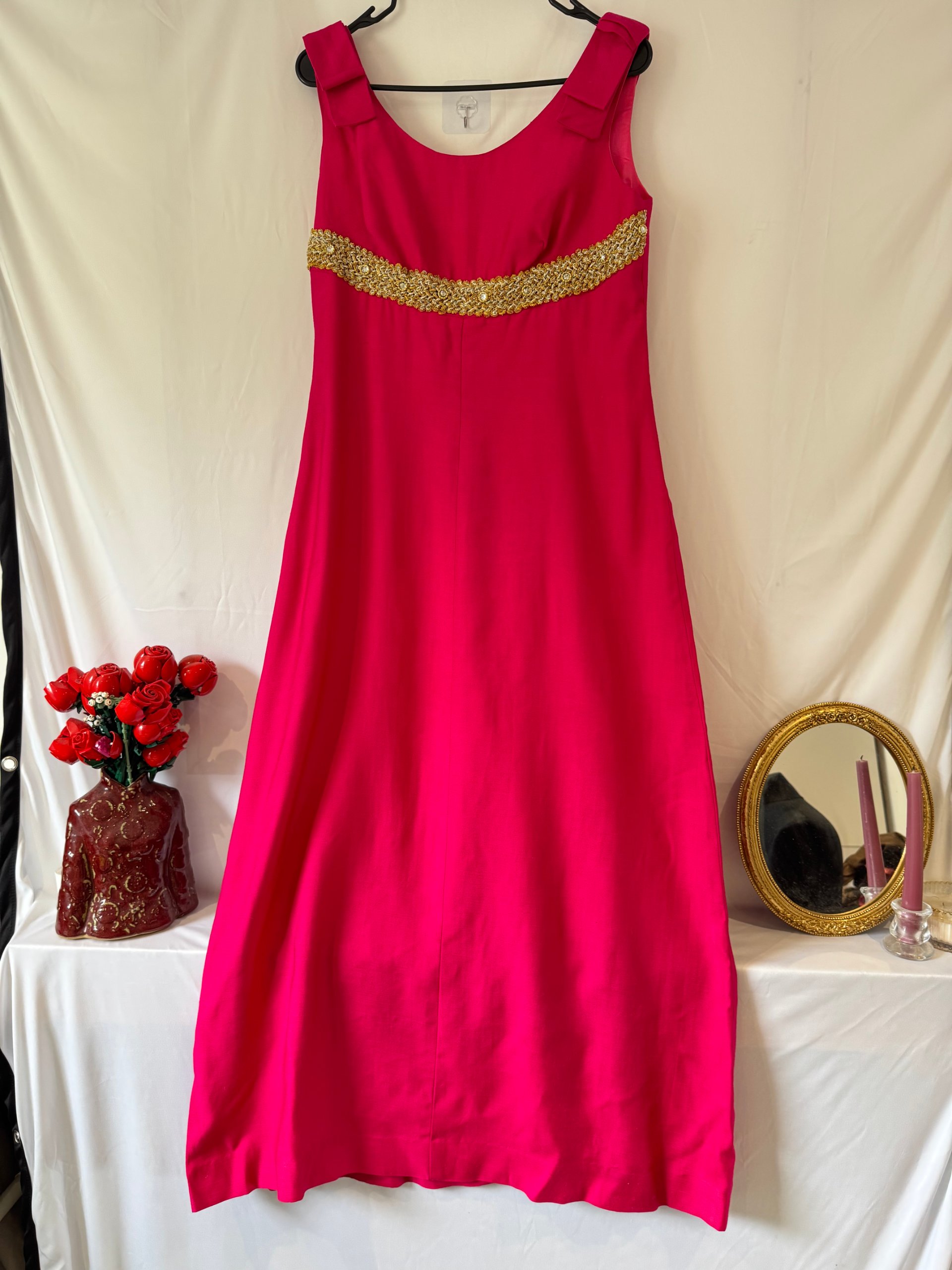Vintage Hot Pink Maxi Evening Dress Gold Embellished Waist Bow UK 10 image 3
