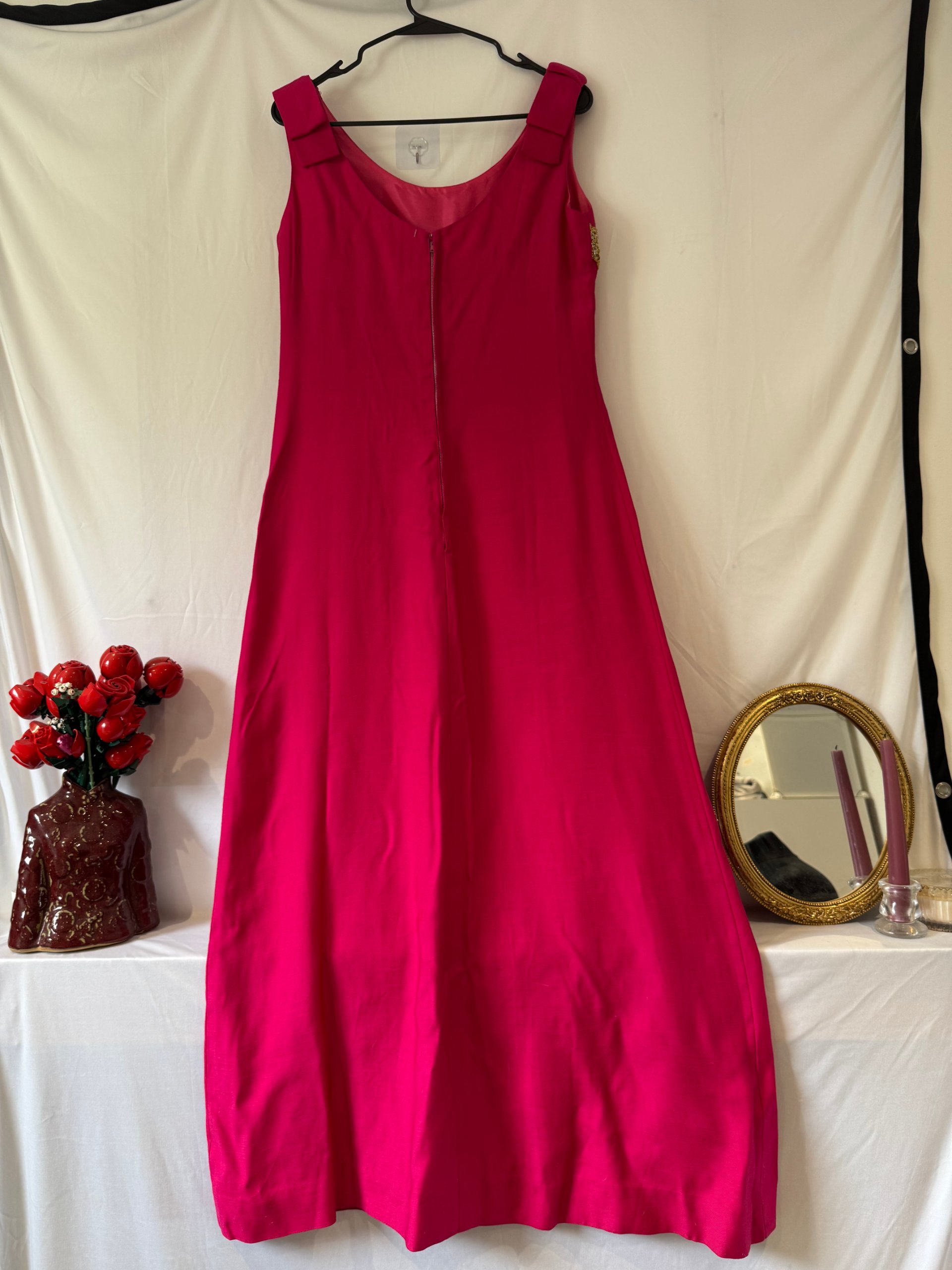 Vintage Hot Pink Maxi Evening Dress Gold Embellished Waist Bow UK 10 image 4
