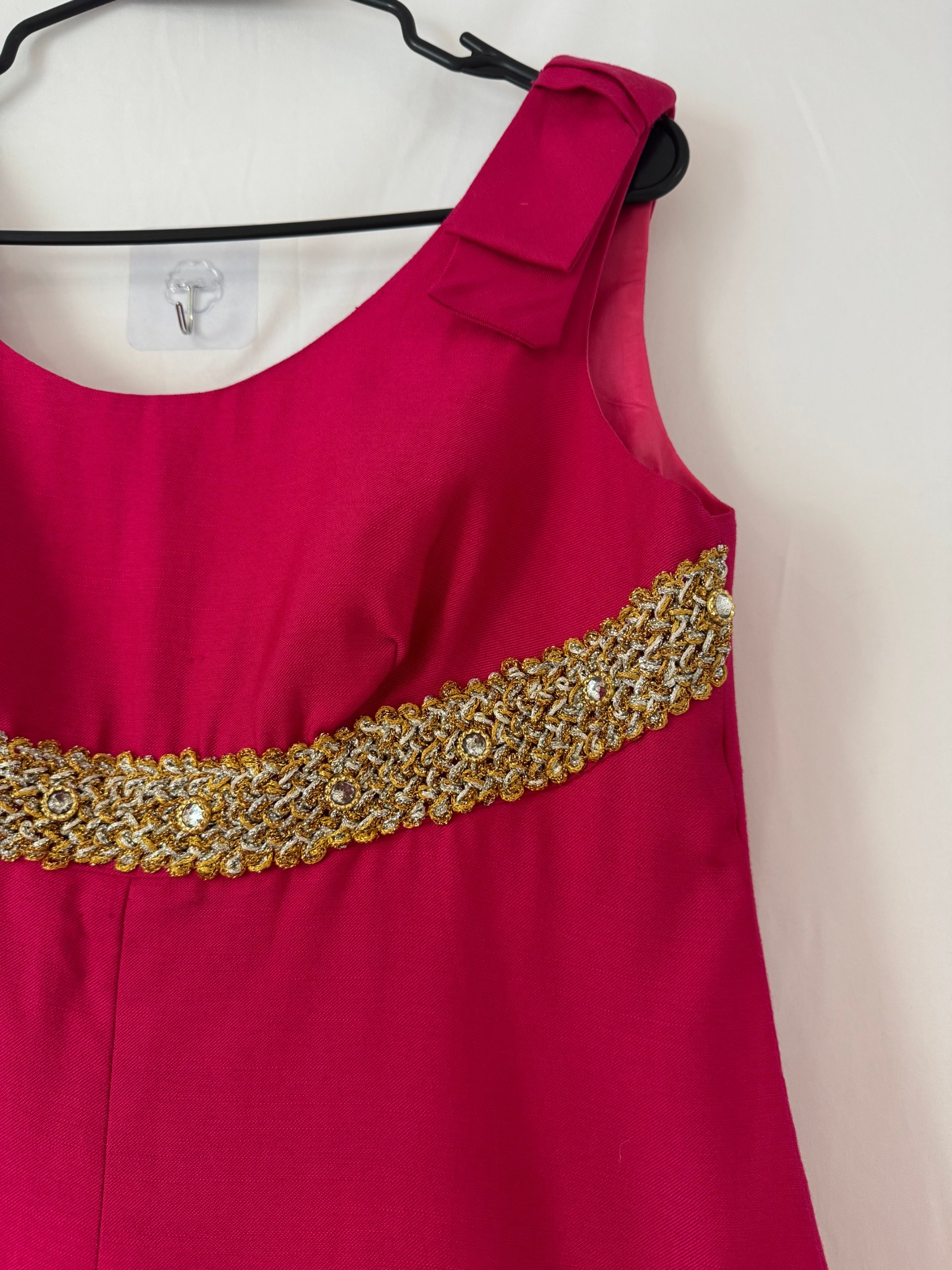Vintage Hot Pink Maxi Evening Dress Gold Embellished Waist Bow UK 10 image 5
