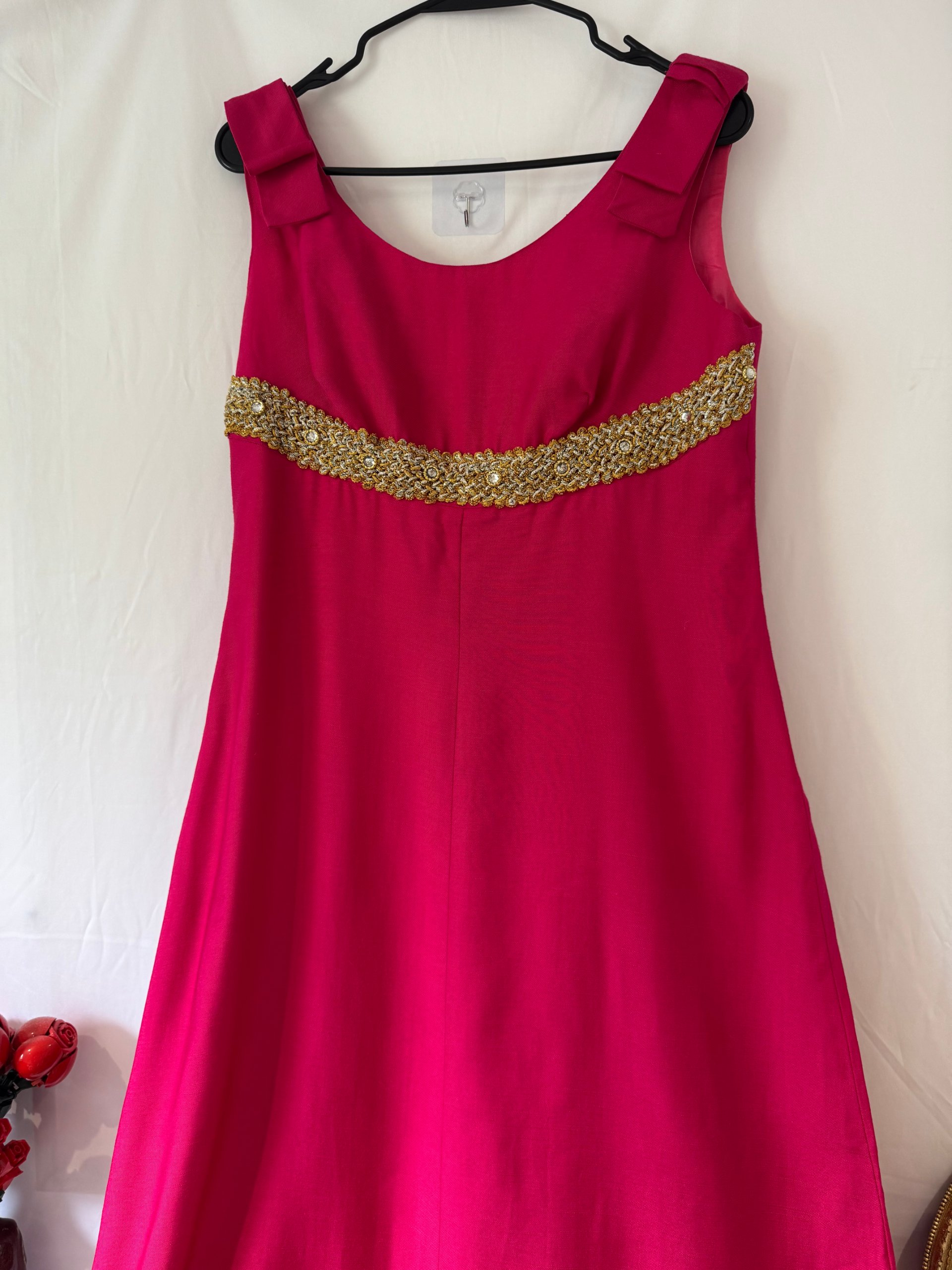 Vintage Hot Pink Maxi Evening Dress Gold Embellished Waist Bow UK 10 image 6
