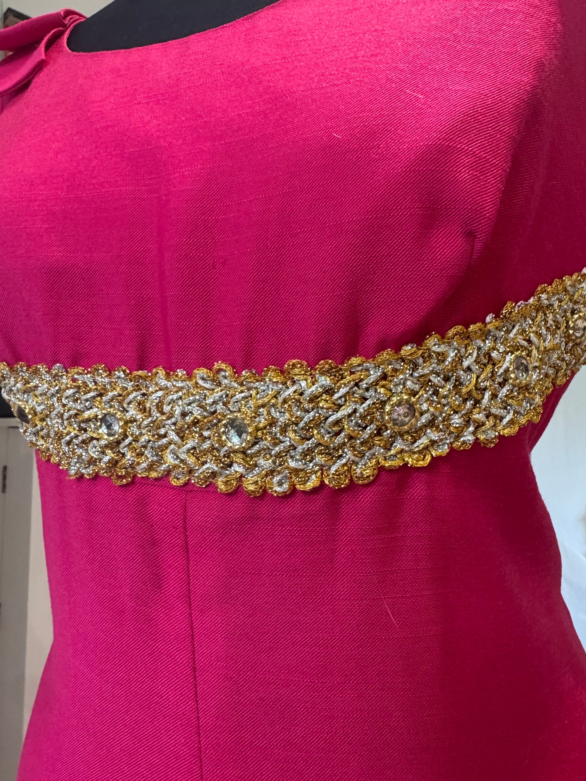 Vintage Hot Pink Maxi Evening Dress Gold Embellished Waist Bow UK 10 image 8