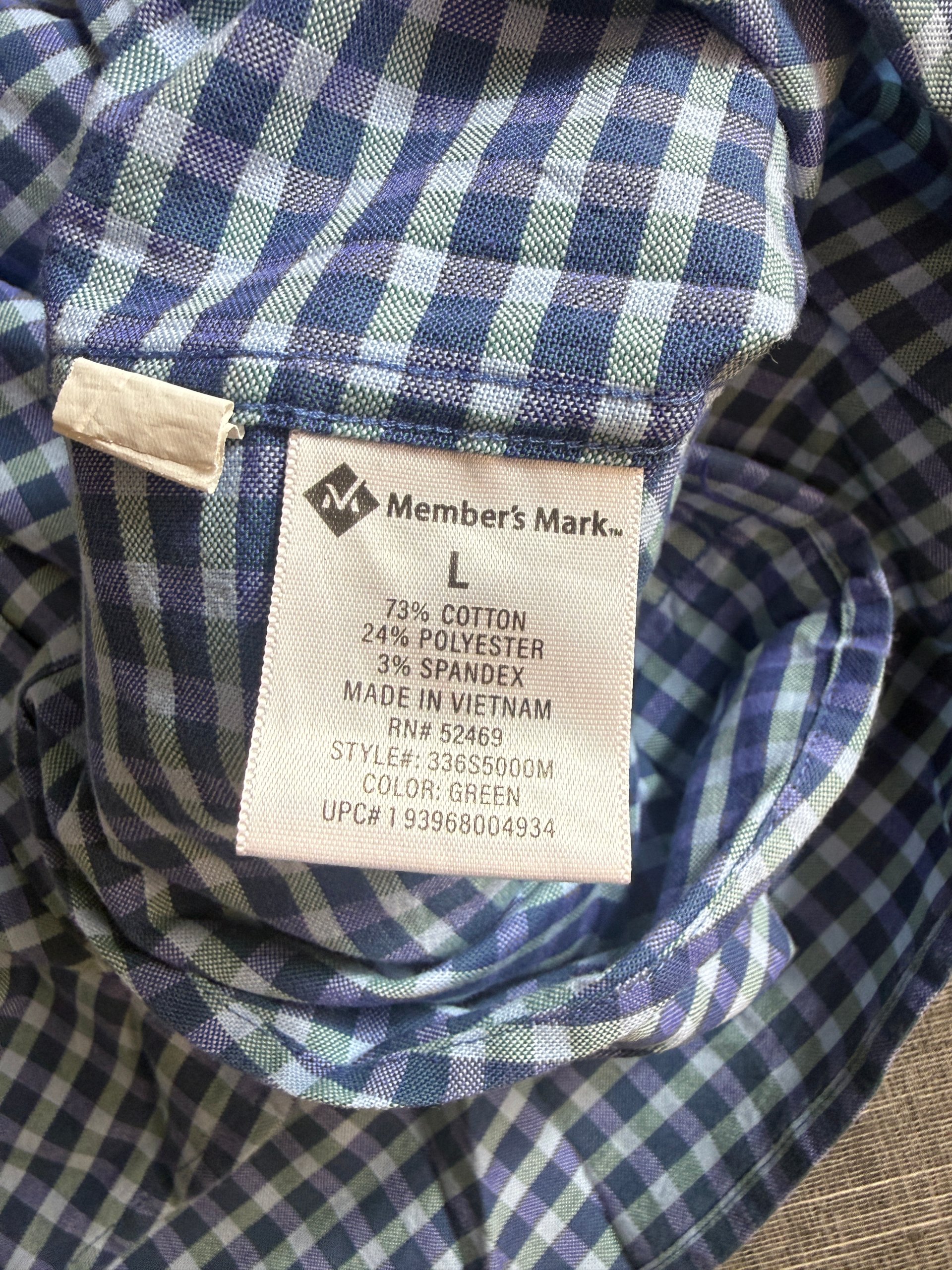 Member's Mark Men’s Stretch Oxford Shirt Large Blue Green Check image 3