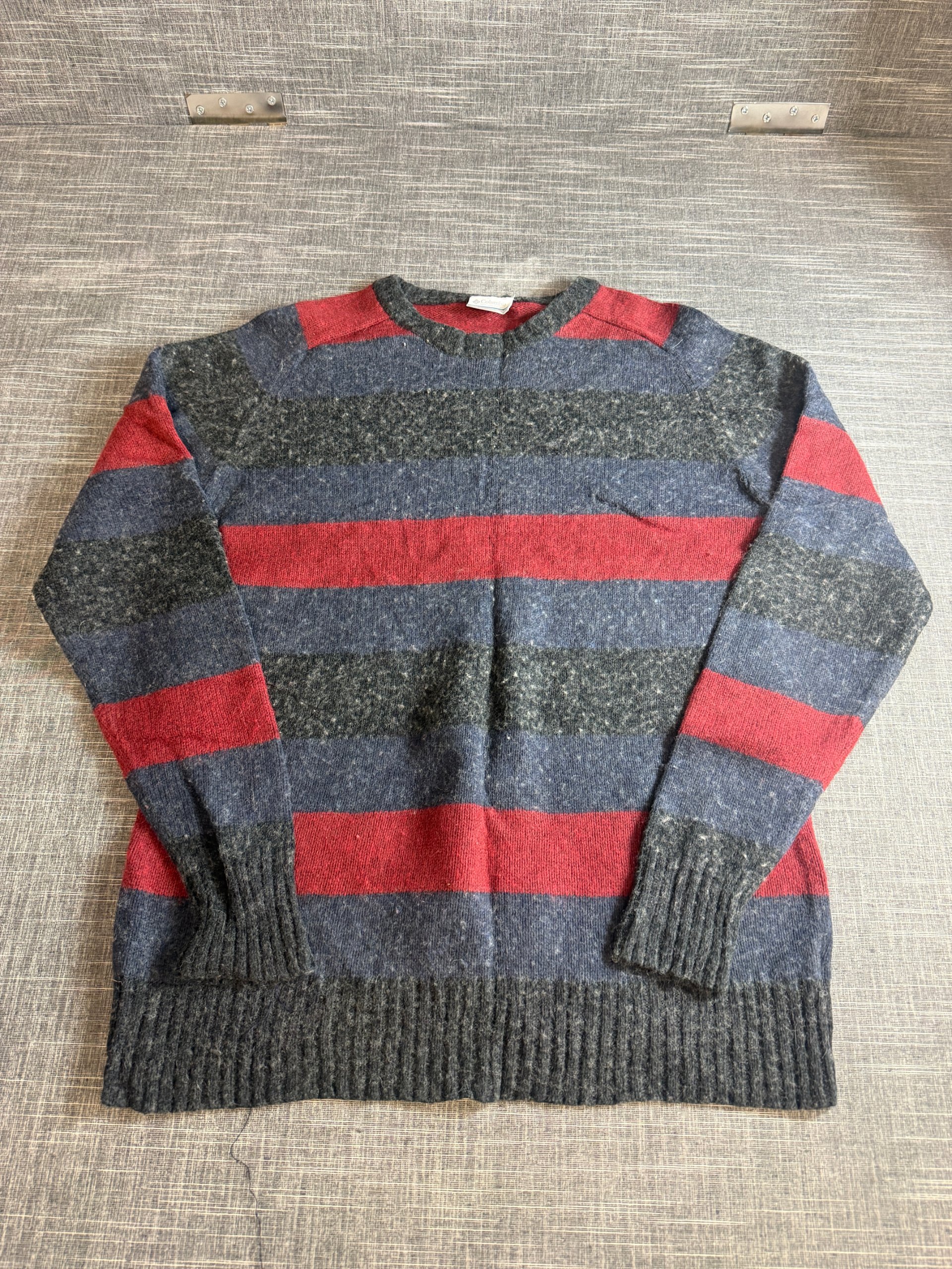 Columbia Men’s Medium Striped Wool Blend Jumper Dark Grey Red Blue