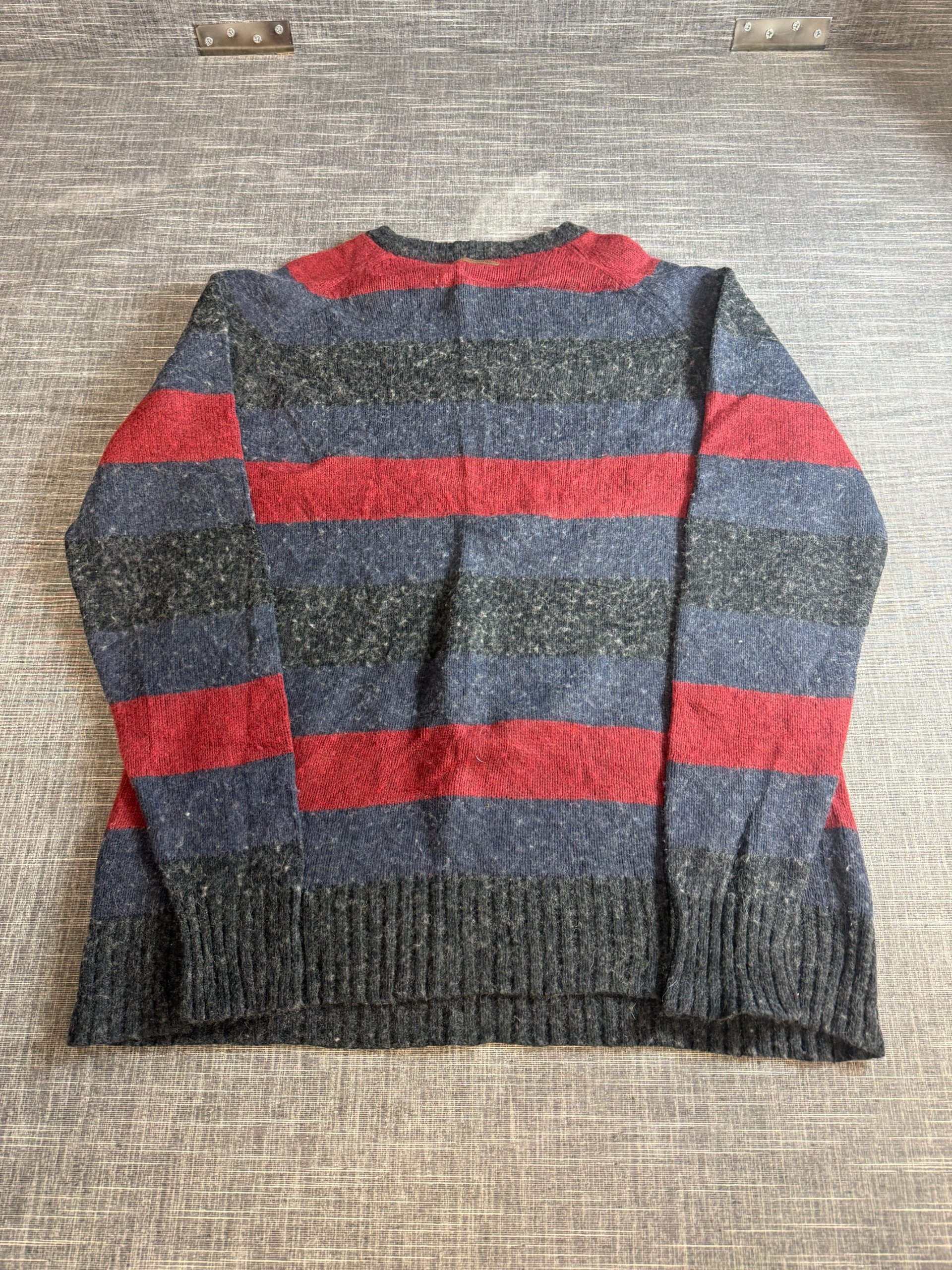 Columbia Men’s Medium Striped Wool Blend Jumper Dark Grey Red Blue image 4