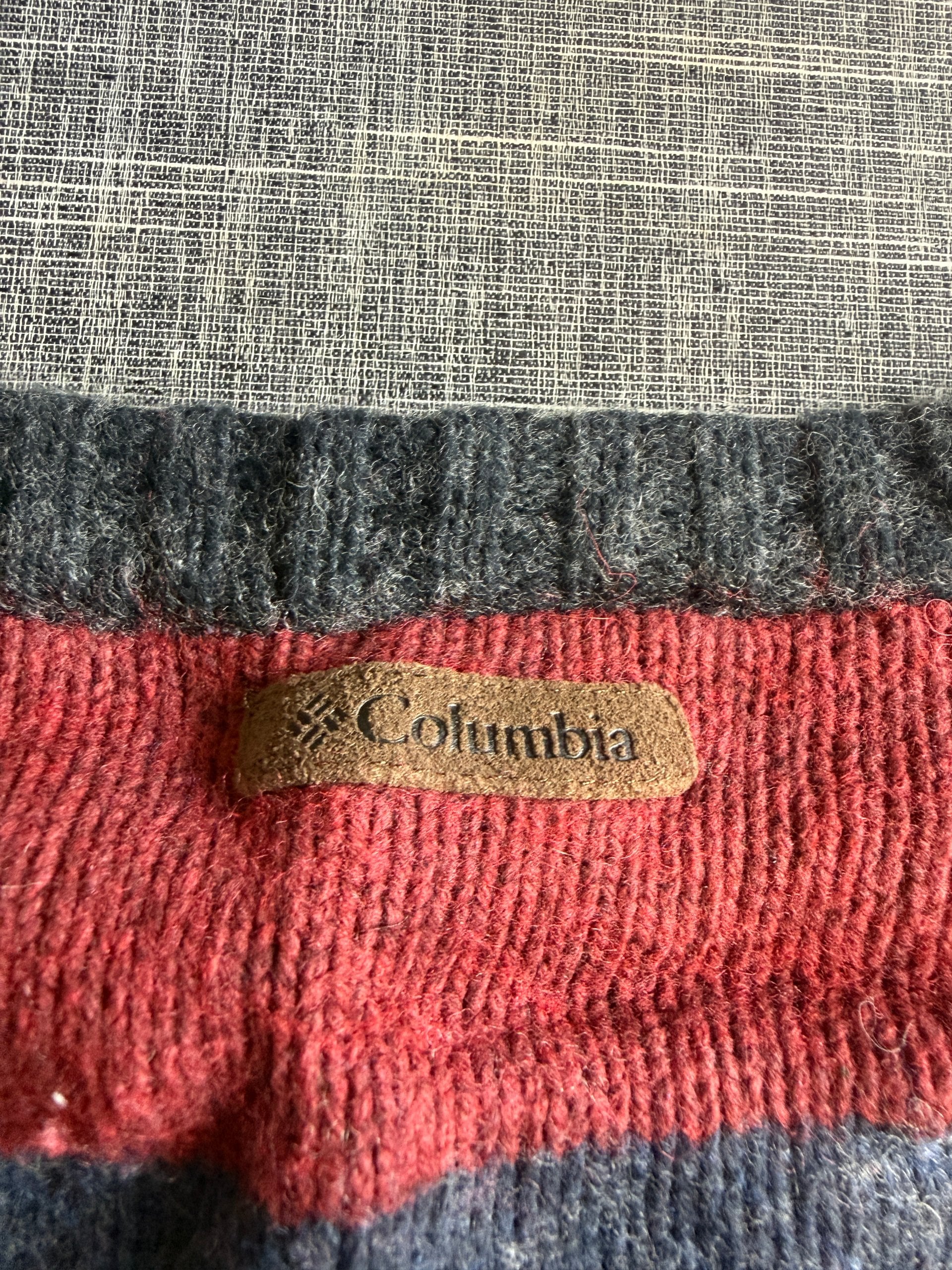 Columbia Men’s Medium Striped Wool Blend Jumper Dark Grey Red Blue image 5