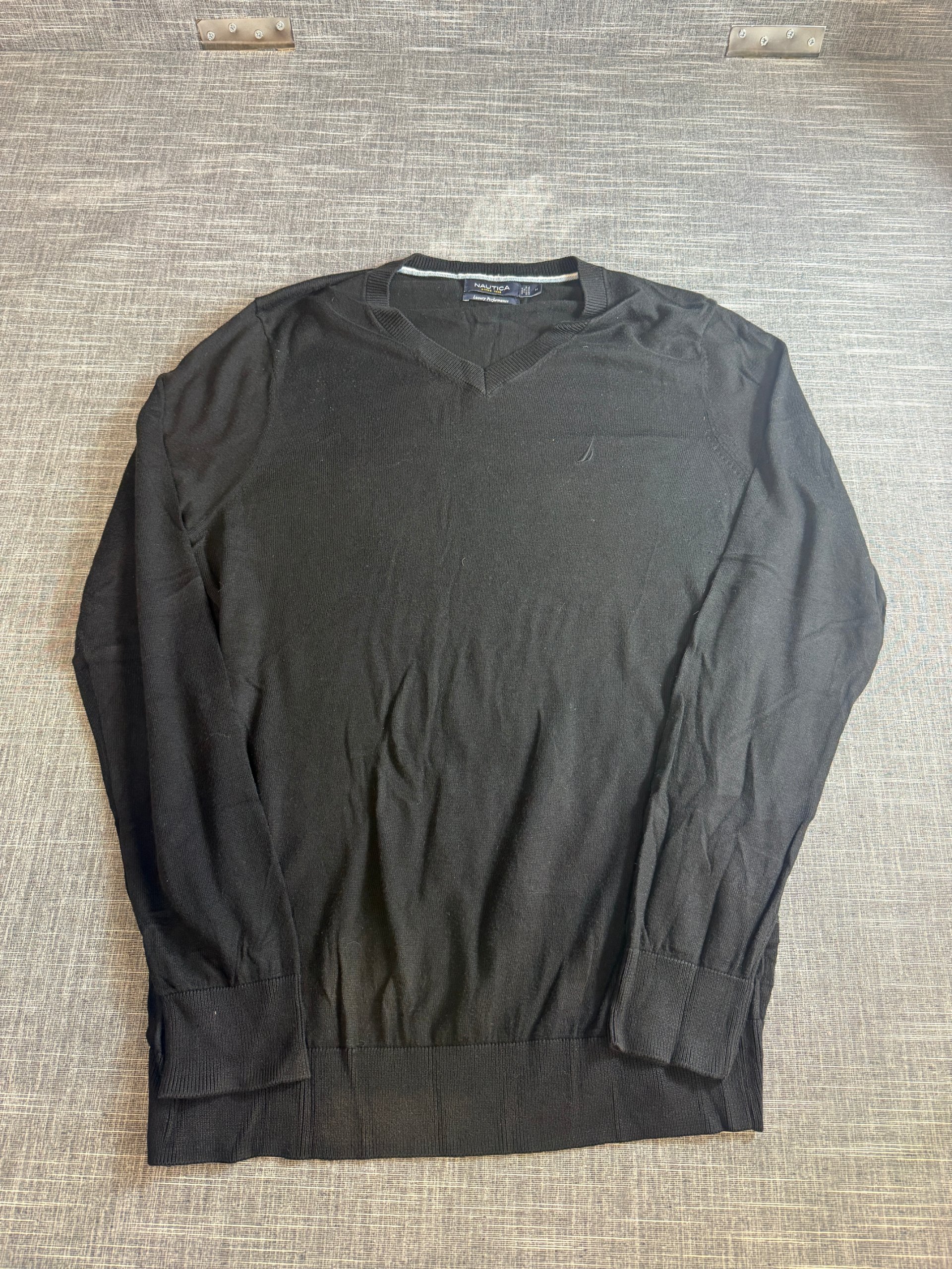 Nautica Men’s Black V-Neck Cotton Sweater Medium Embroidered Logo