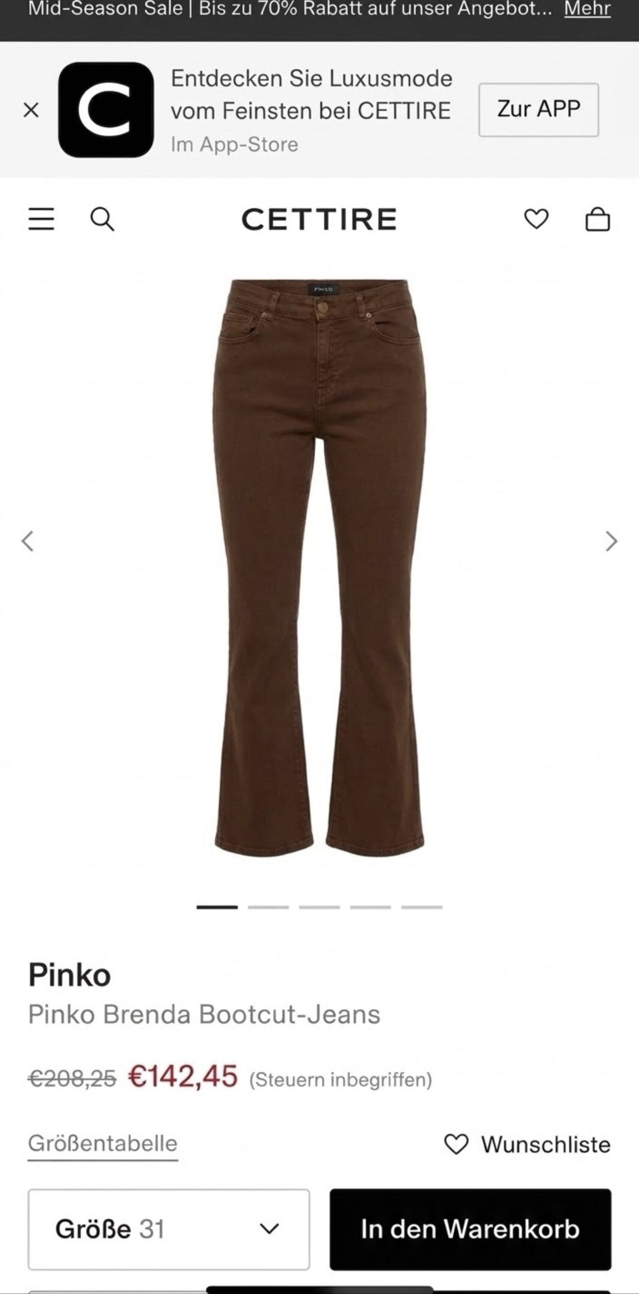 Pinko Brenda High Rise Bootcut Jeans cropped leg flared caramel brown Size 31 image 6