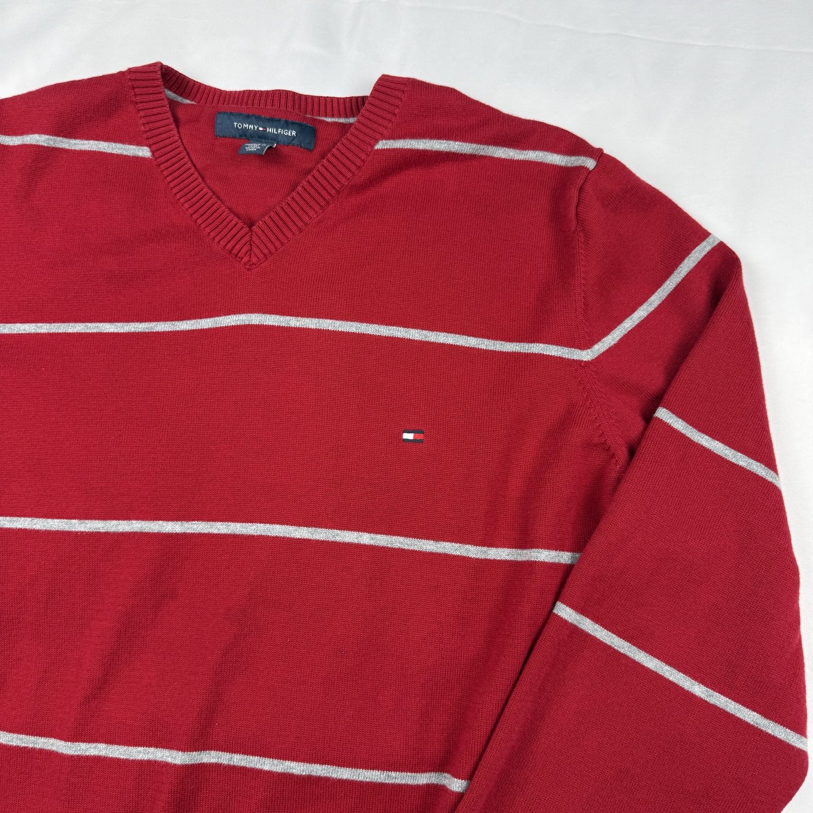 Tommy Hilfiger Jumper Men's Large Red Cotton V-Neck Stripe |6602 image 2