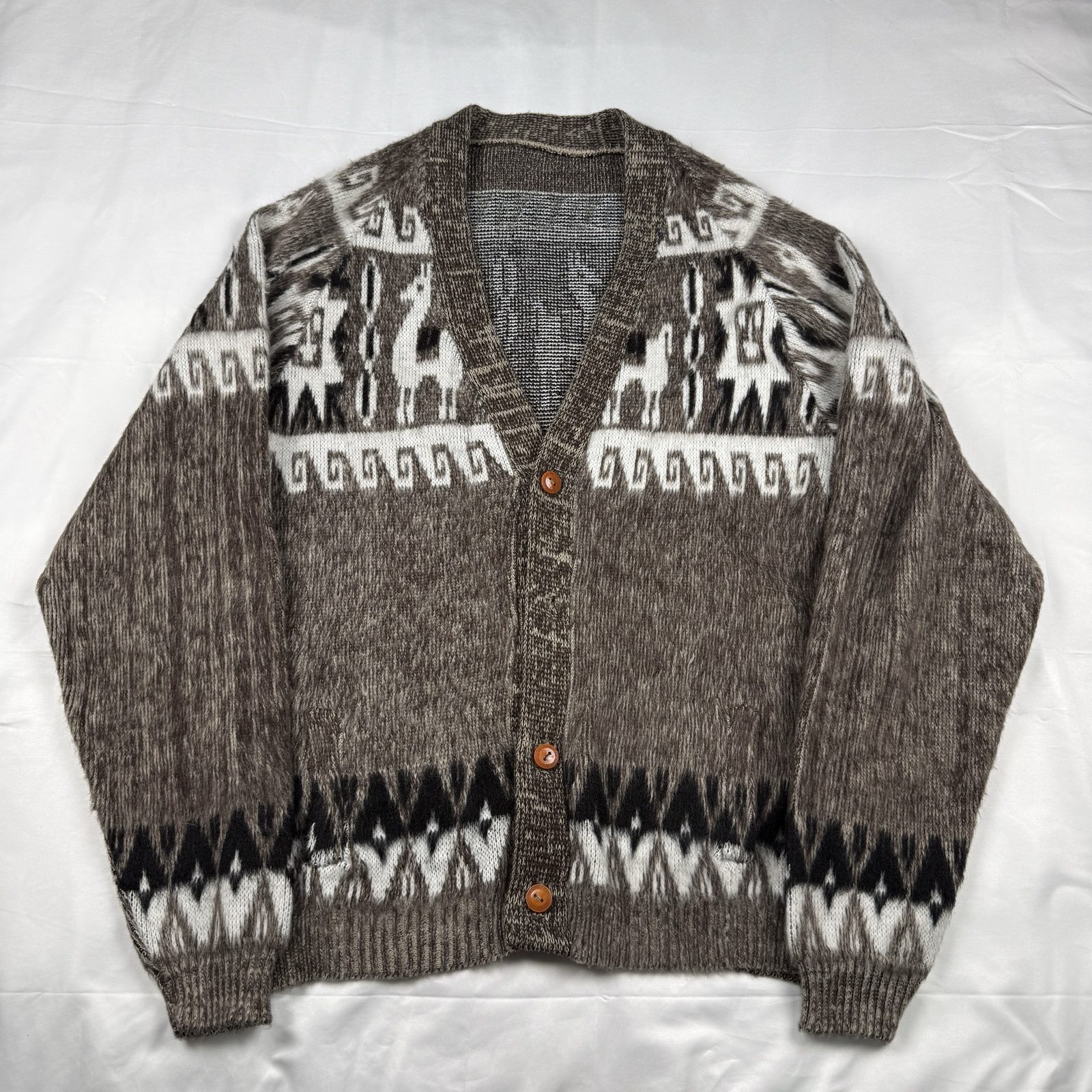 Rumnahui Cardigan Unisex M Brown White Wool Patterned |0293
