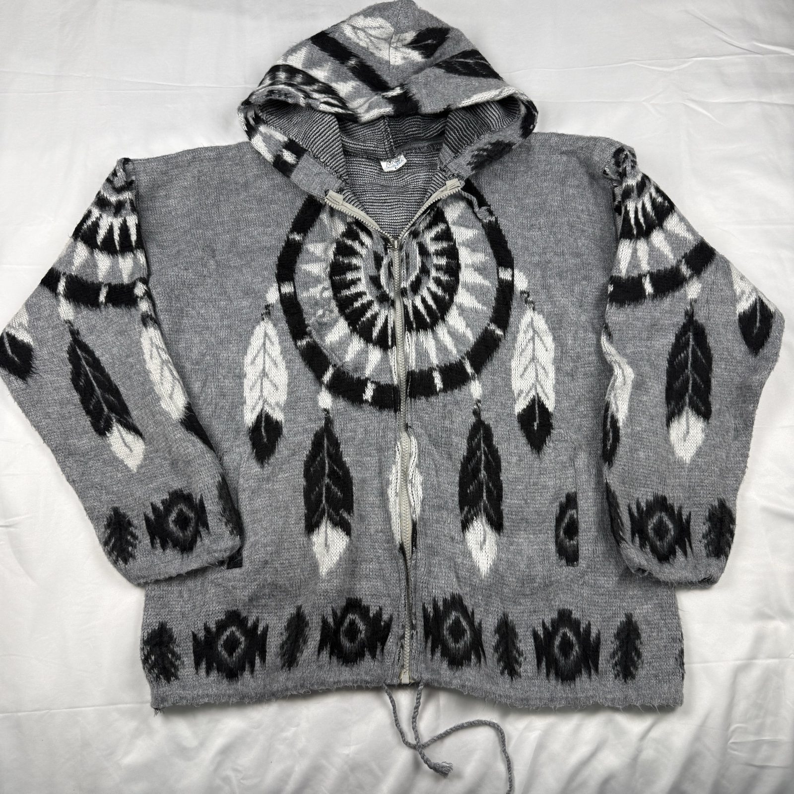 Yari Hooded Cardigan Unisex Large Grey Black White Wool |0399