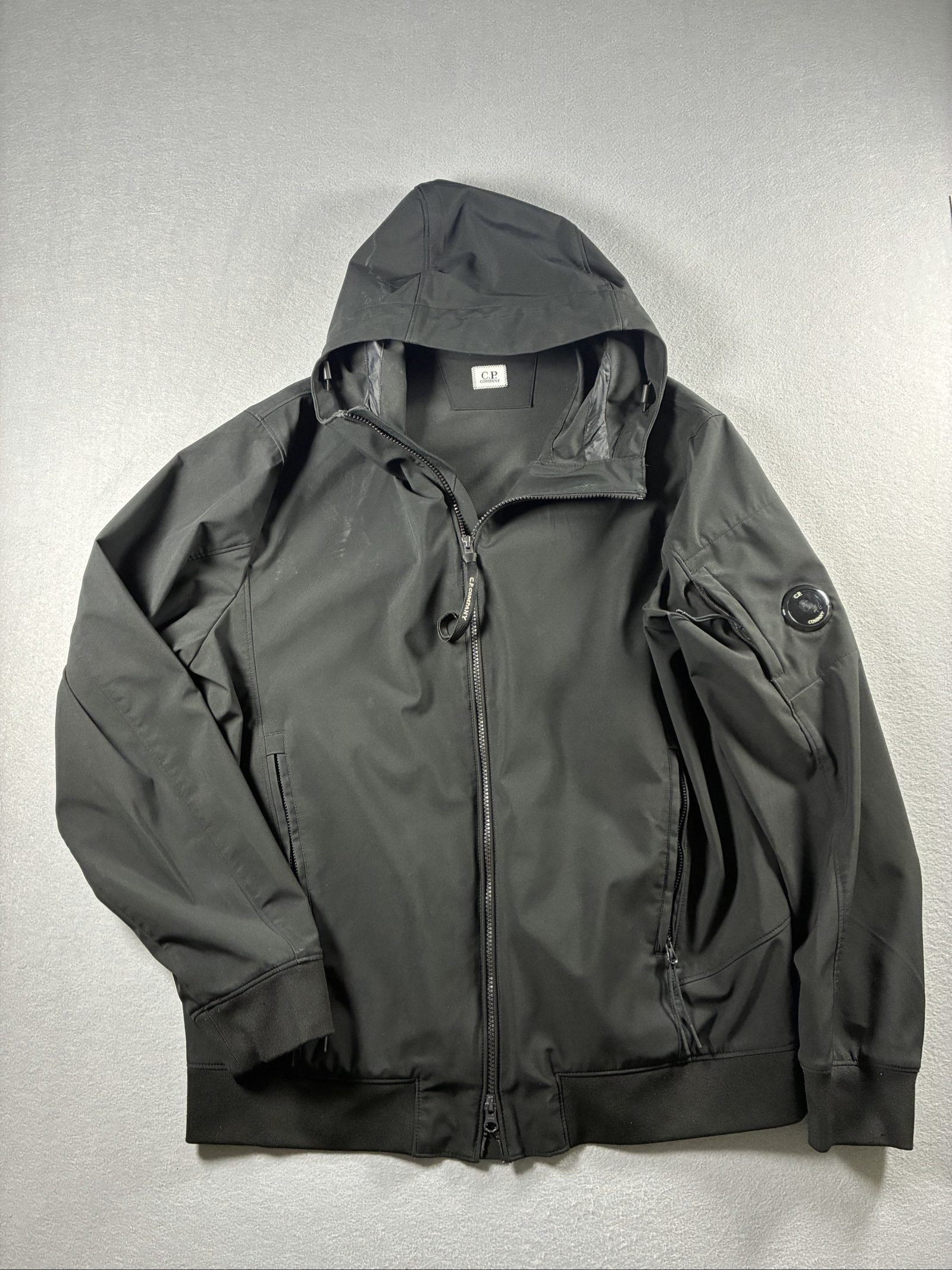C.P. Company Black Soft Shell Hooded Jacket Large