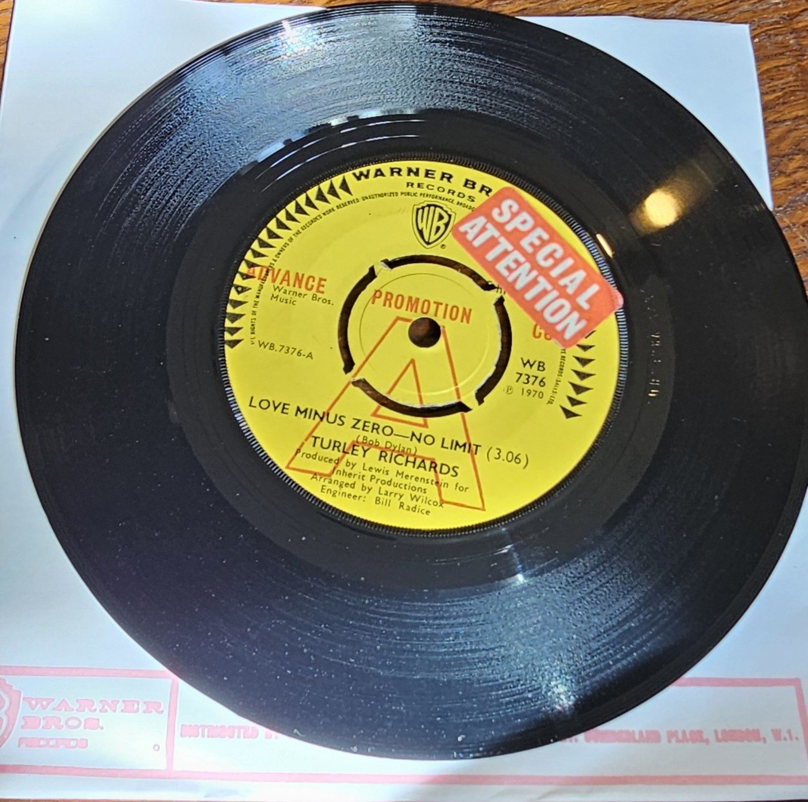 Turley Richards Love Minus Zero No Limit PROMO Warner Bros WB 7376 7" 45 RPM