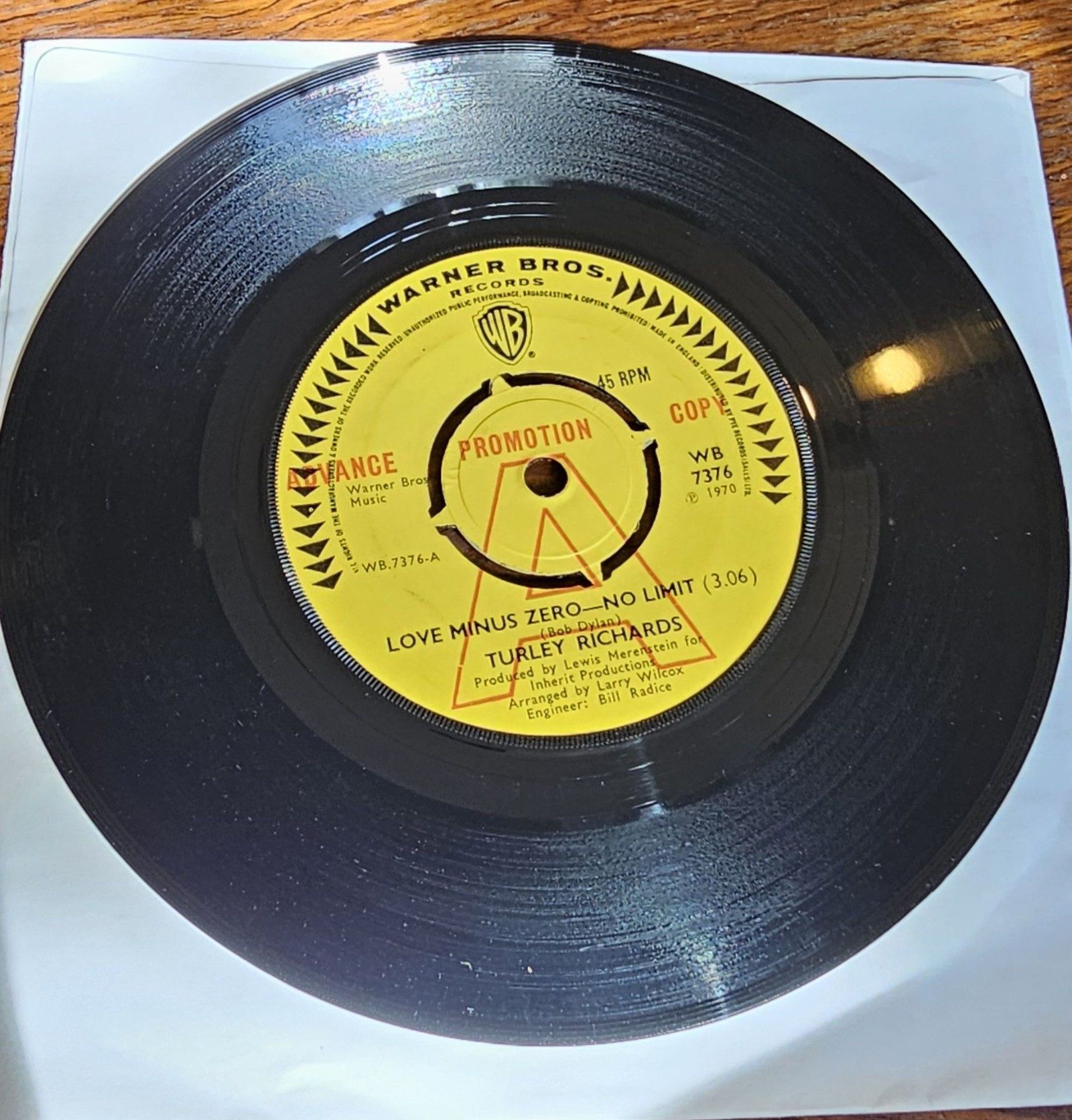 Turley Richards Love Minus Zero No Limit PROMO Warner Bros WB7376 UK 7" Vinyl