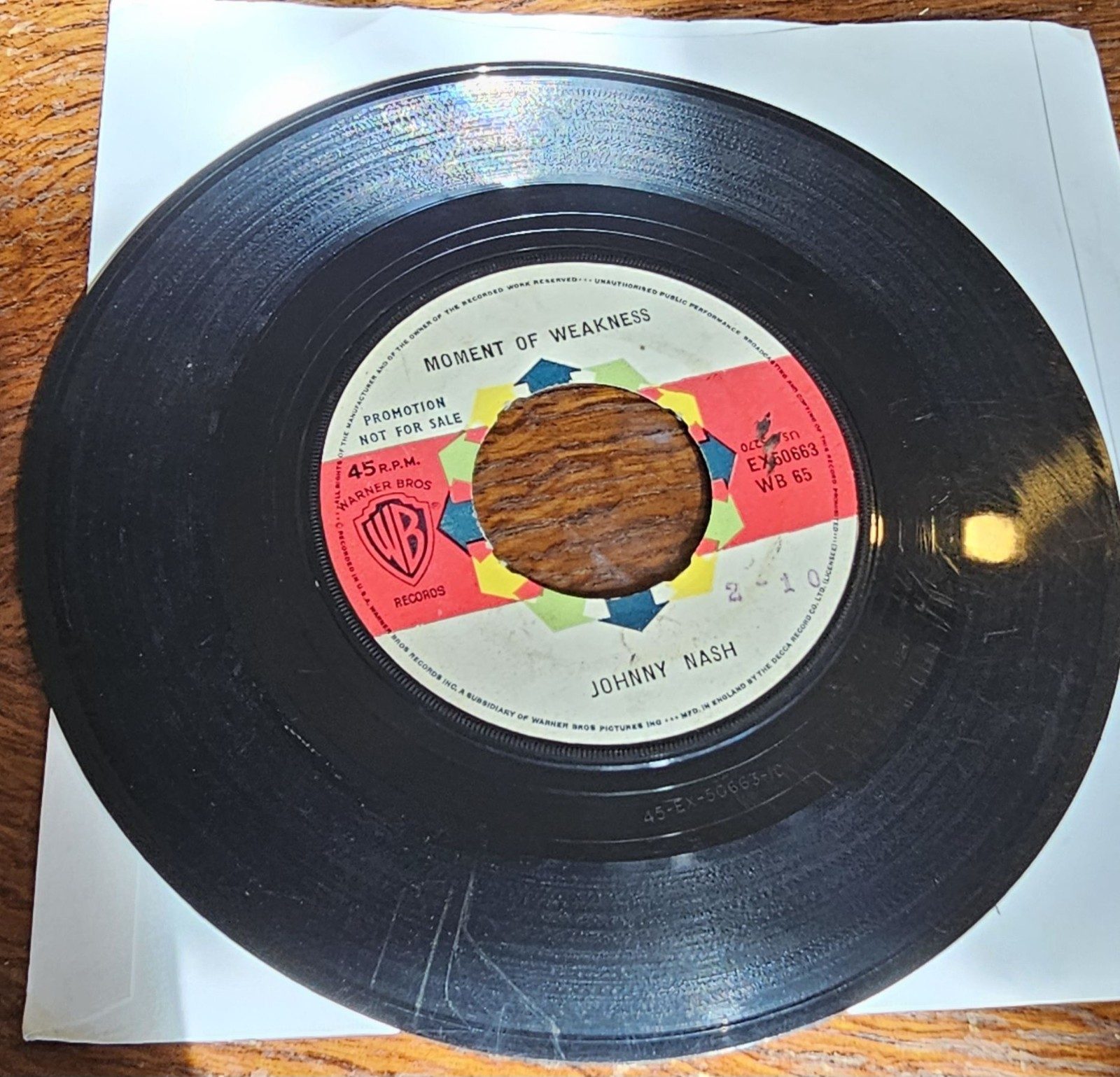 Johnny Nash Moment of Weakness PROMO Warner Bros EX50663 7" Vinyl Single
