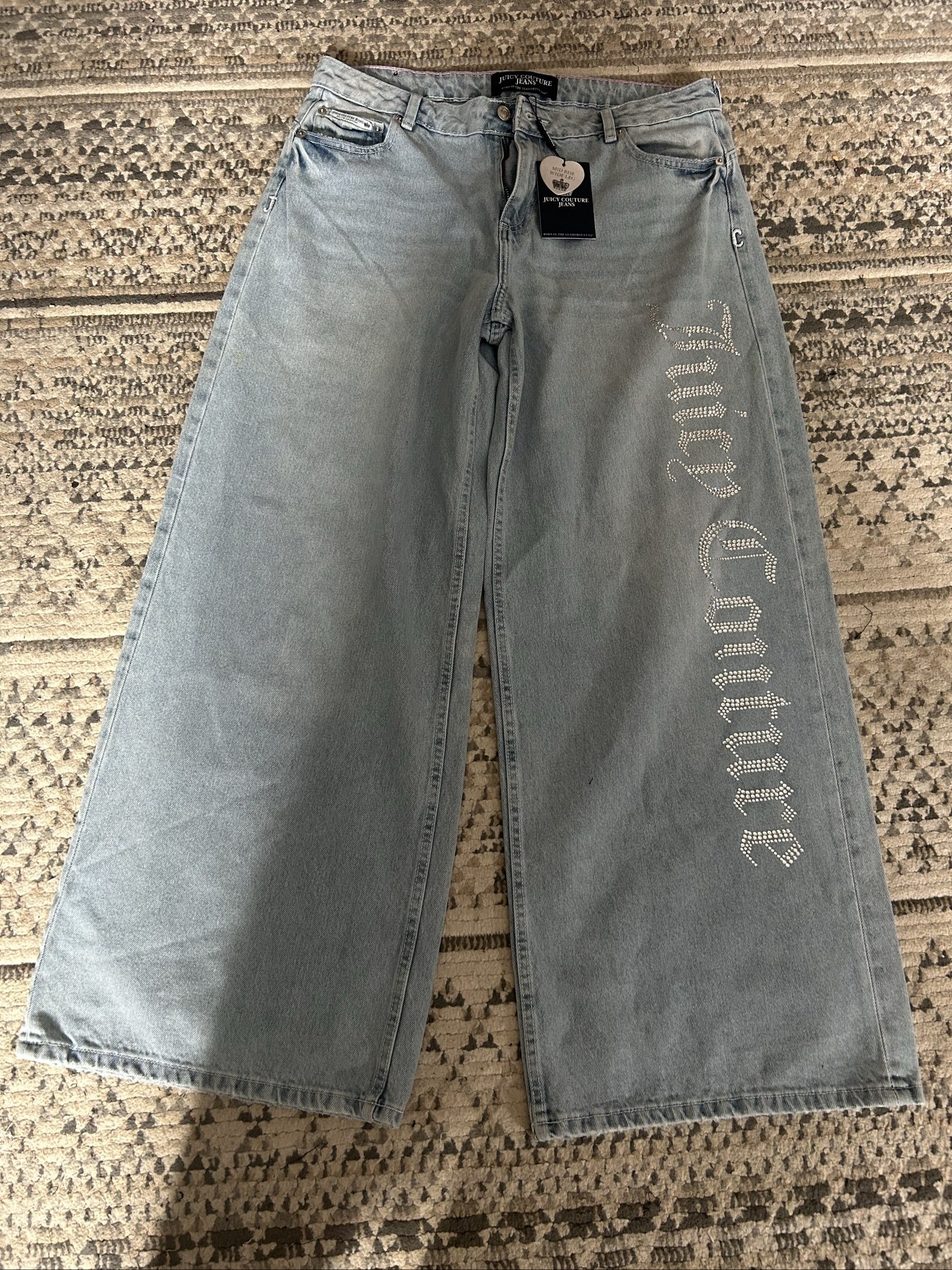 Juicy Couture Light Blue Wide Leg Jeans Size 32 with Rhinestone Logo