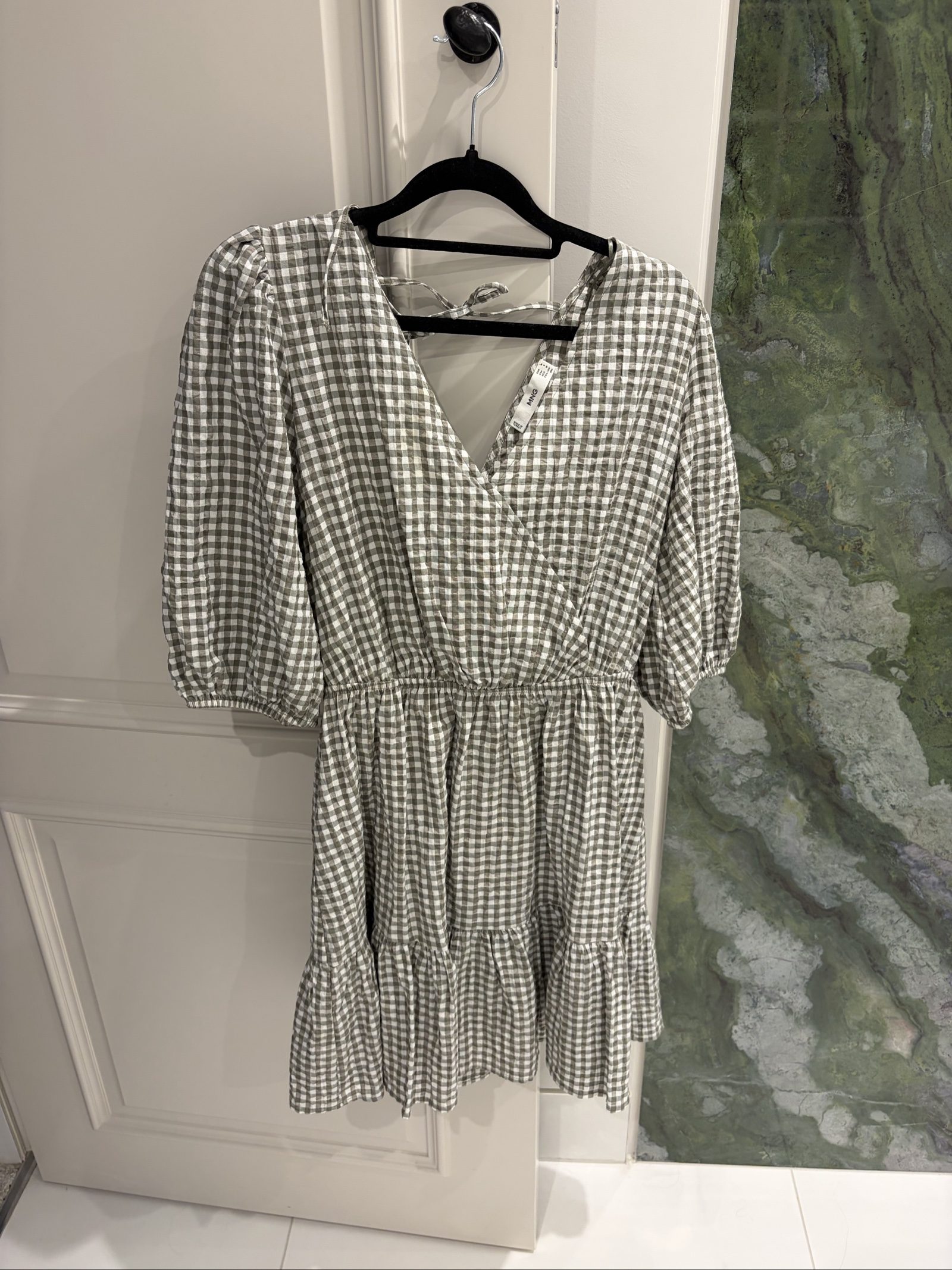 Mango Grey & White Gingham Puff Sleeve Dress Medium