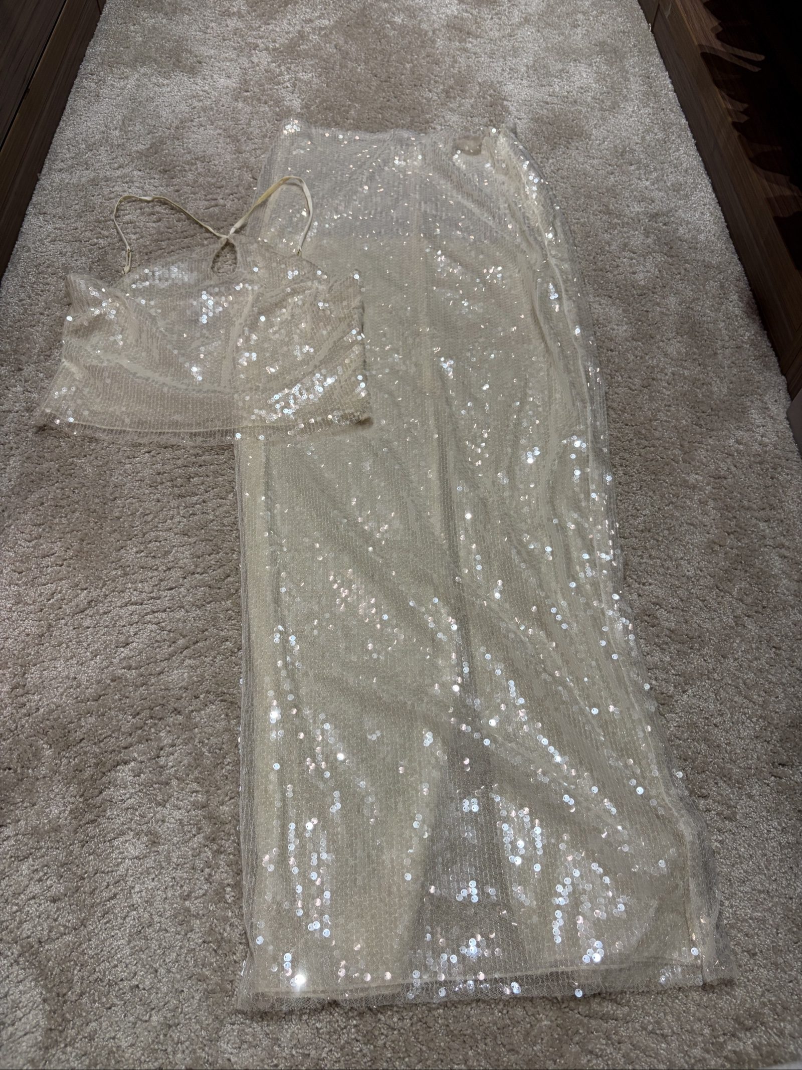 Oh Polly Gold Sequin Crop Top & Maxi Skirt Set Small Sheer Sparkle