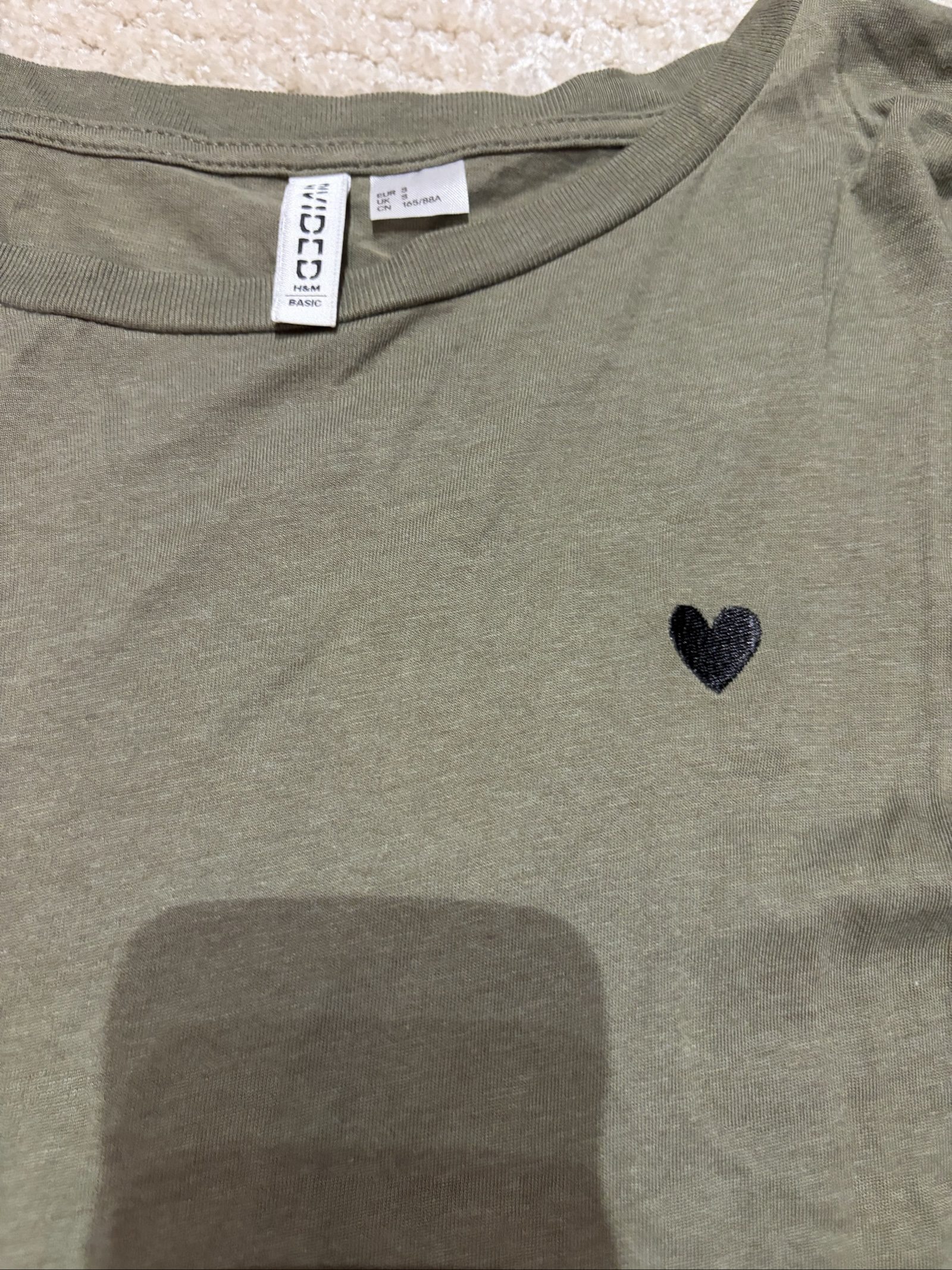 H&M Women's Khaki Green Basic T-Shirt Small Black Heart image 2