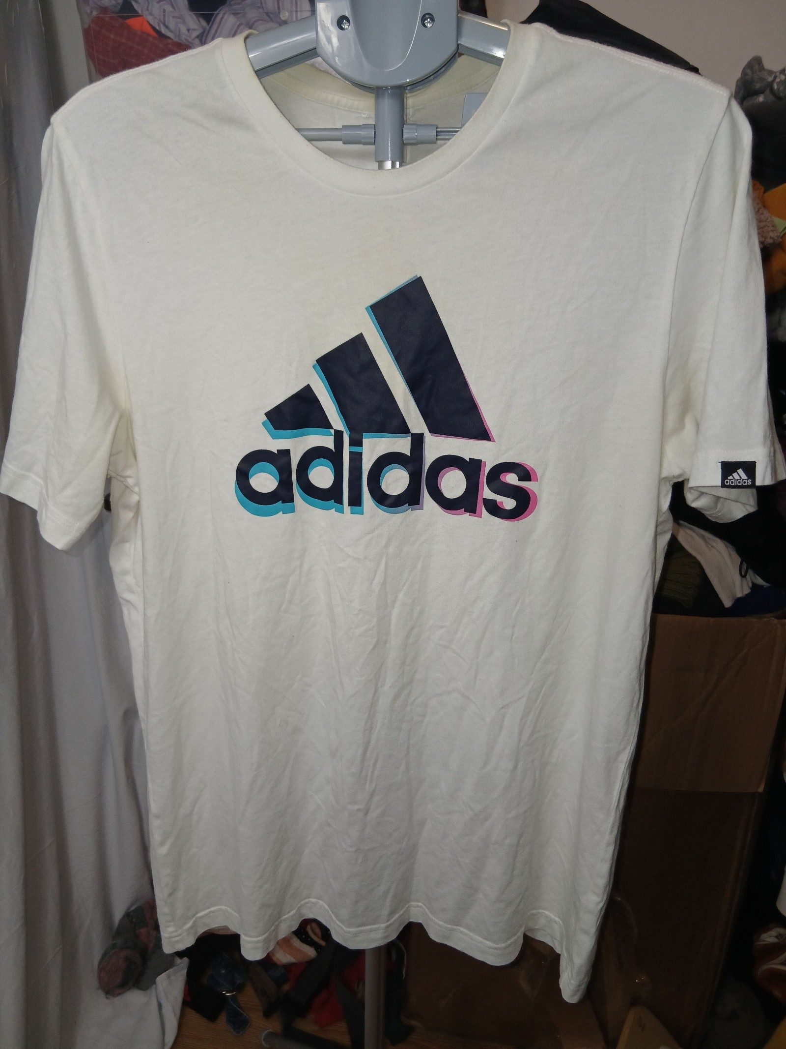 Adidas White & Navy Logo Cotton T-Shirt Medium