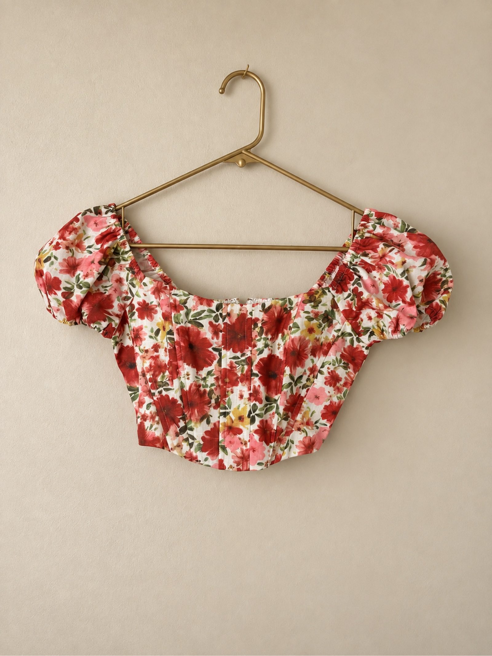 Altar’d State Floral Corset Crop Top Puff Sleeve Red Pink Size S