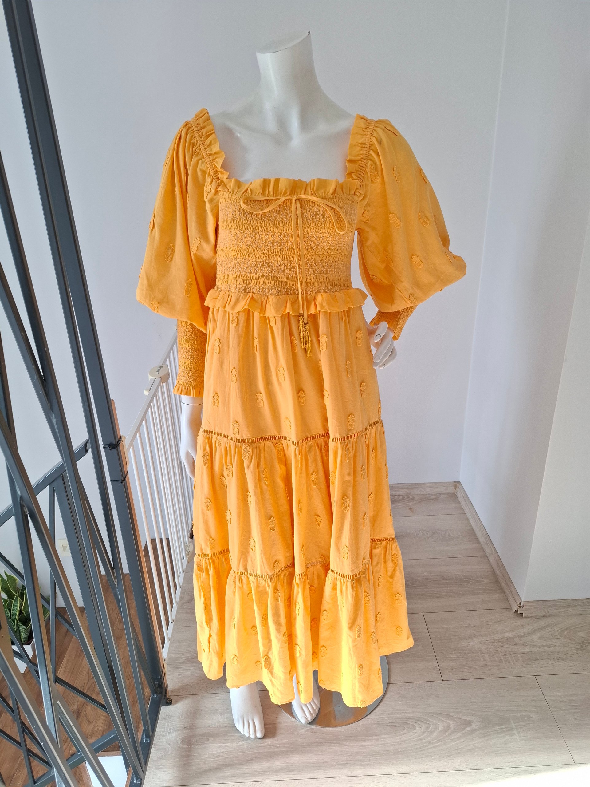 New FARM Rio Yellow 3D Pineapple Midi Dress Size S image 6