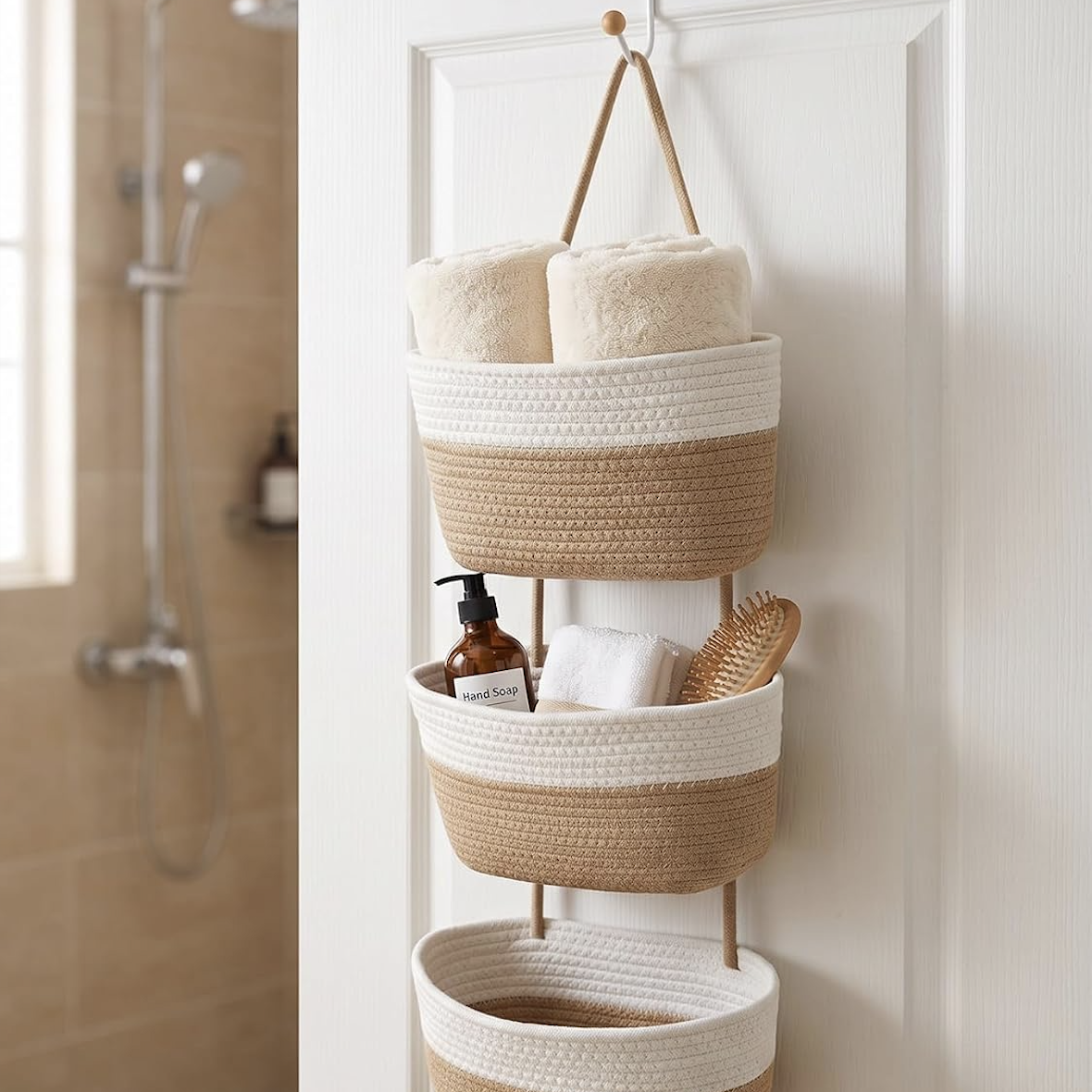Hanging Woven Storage Organiser Baskets Set of 3 Natural Tan & White