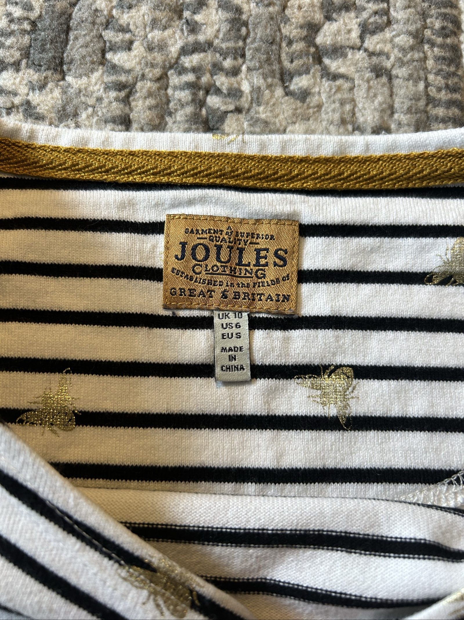 Joules Women's White & Black Striped Bee Print Top UK 10 image 3