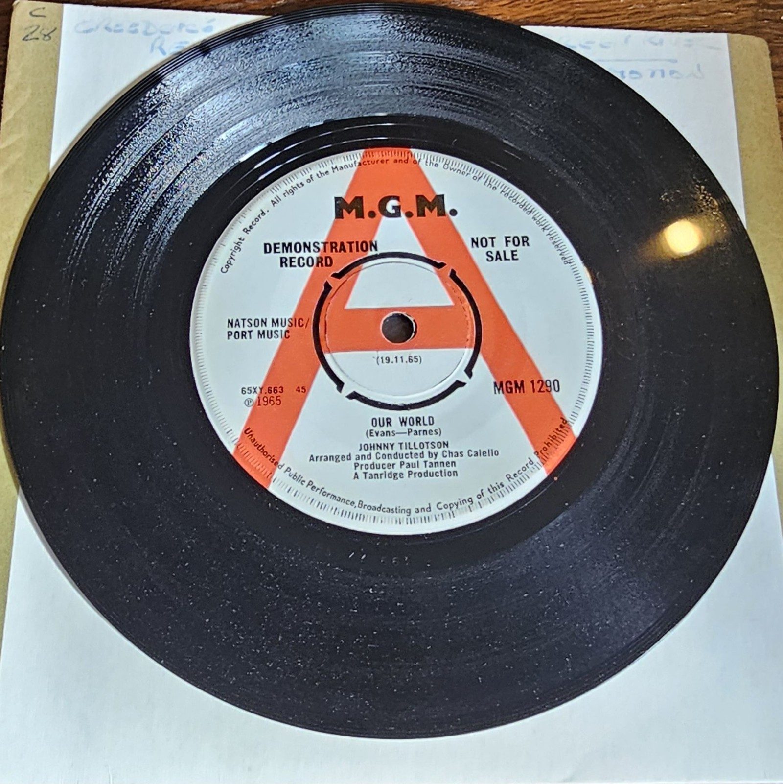 Johnny Tillotson Our World PROMO MGM 1290 7" Vinyl Single