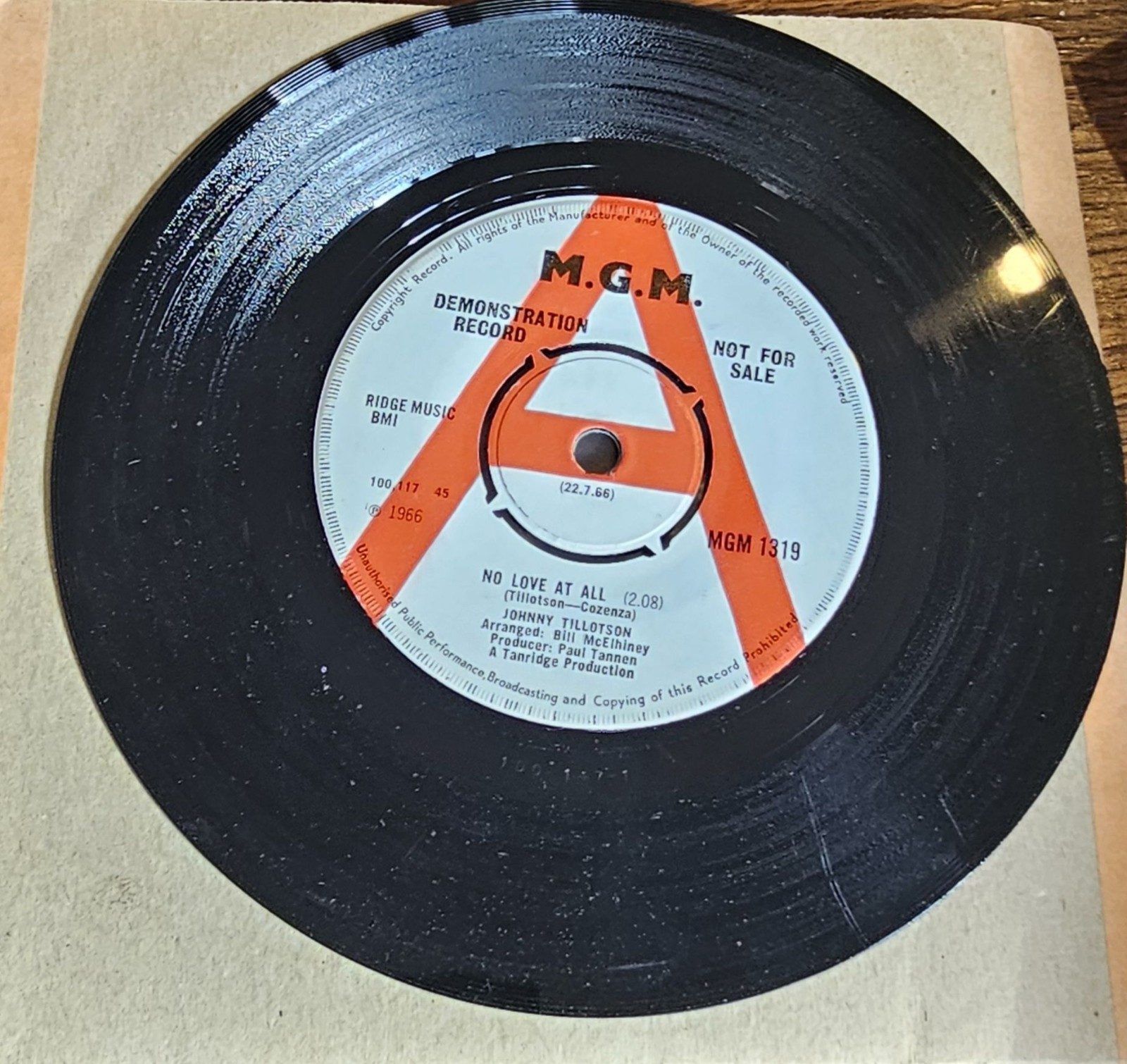 Johnny Tillotson No Love At All PROMO MGM 1319 7"
