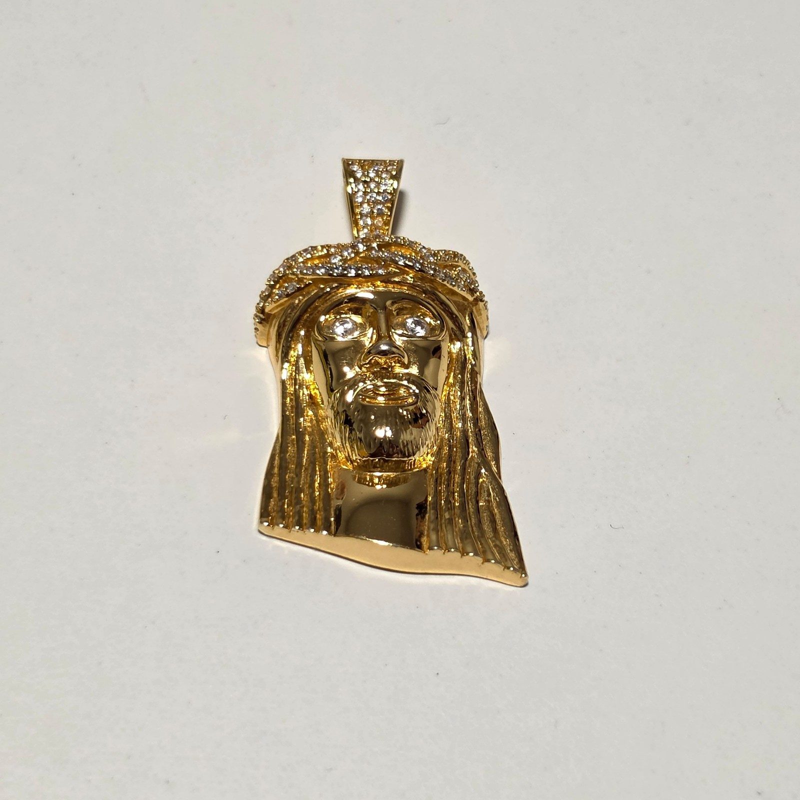 Gold Tone Jesus Face Pendant with Cubic Zirconia Crystals.b9