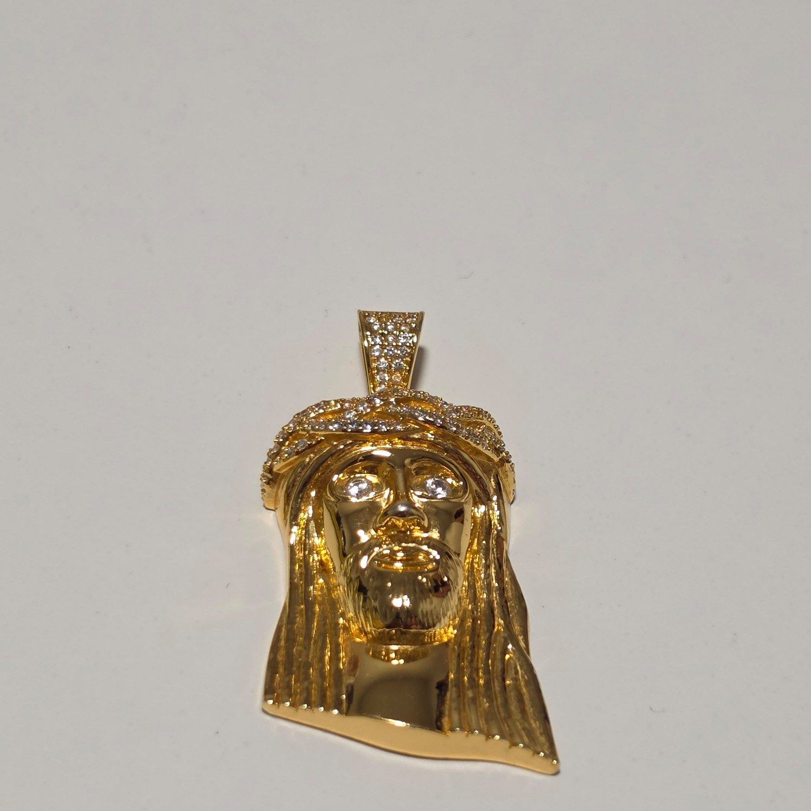 Gold Tone Jesus Face Pendant with Cubic Zirconia Crystals.b9 image 2